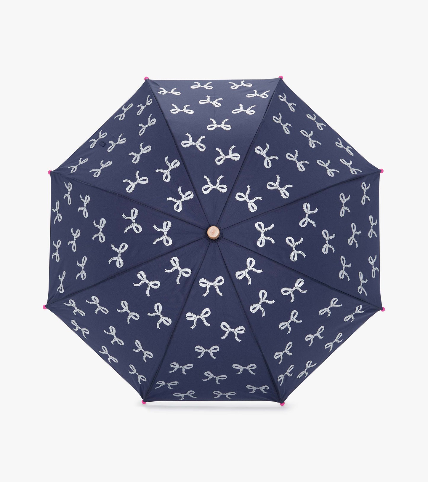 Navy umbrella with silver ribbon pattern and pink tips, featuring an octagonal shape for protection against rain.