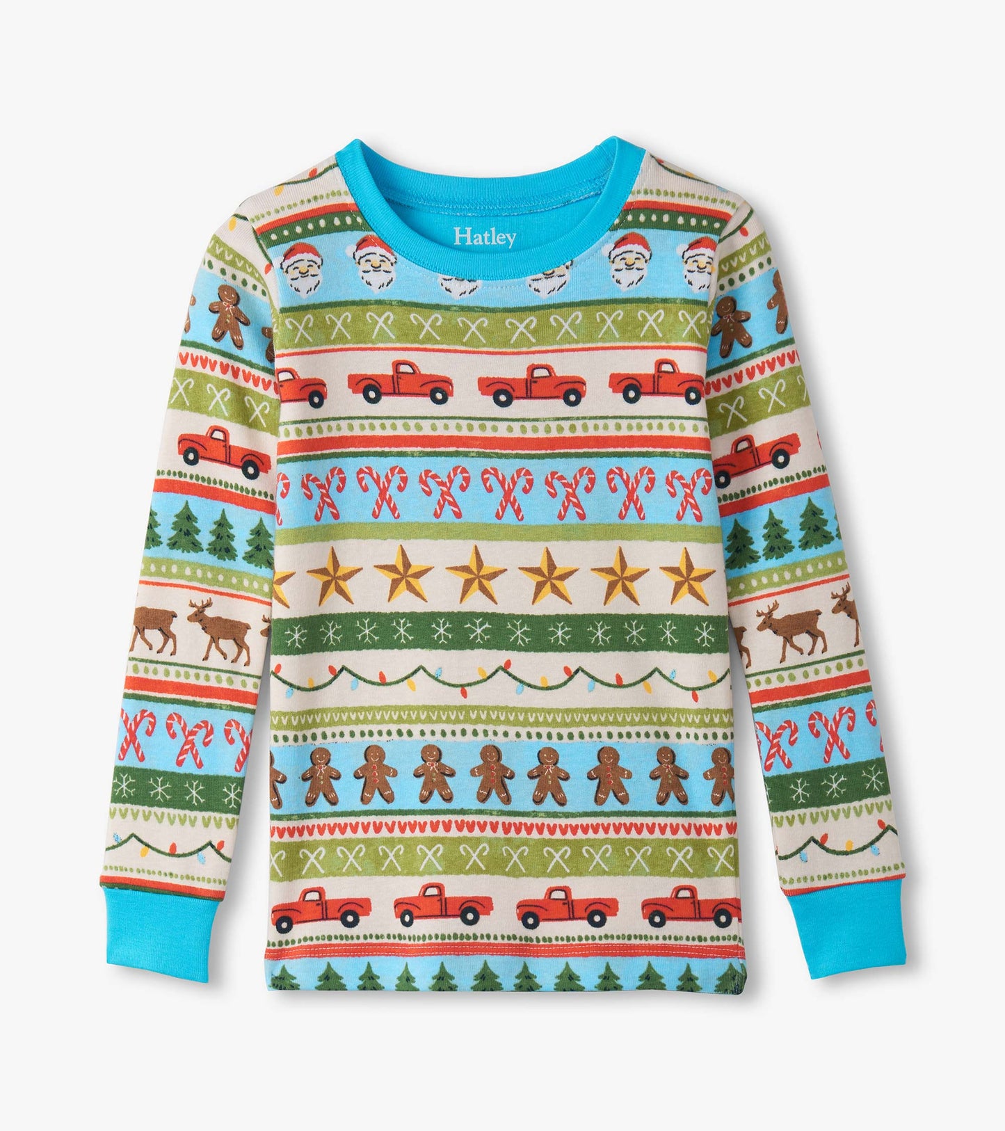 Boys' blue cotton pyjama top featuring a festive Fair Isle pattern with trucks, trees, and holiday motifs.