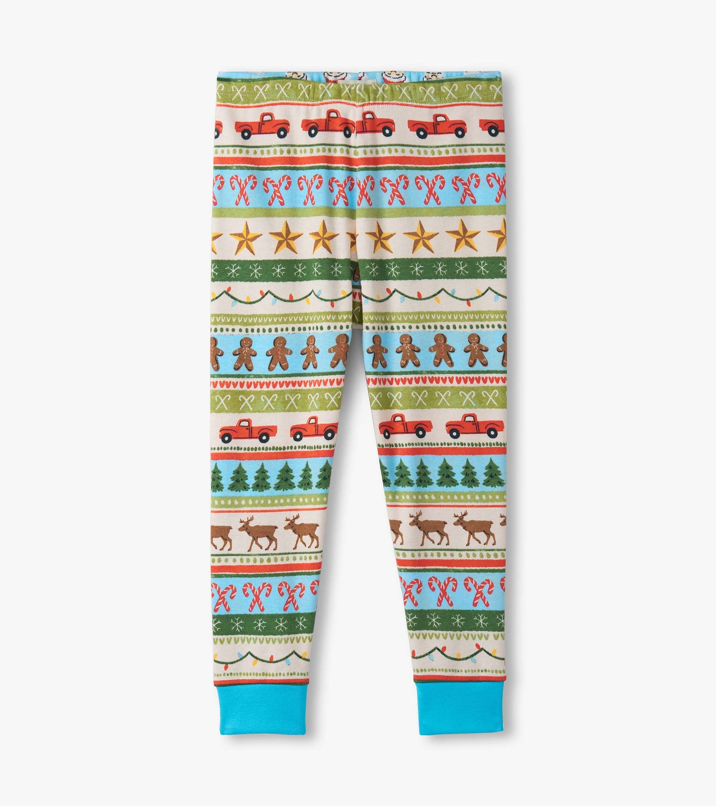 Boys' cotton pyjama set featuring a colorful Fair Isle pattern with trucks, gingerbread men, and festive elements.