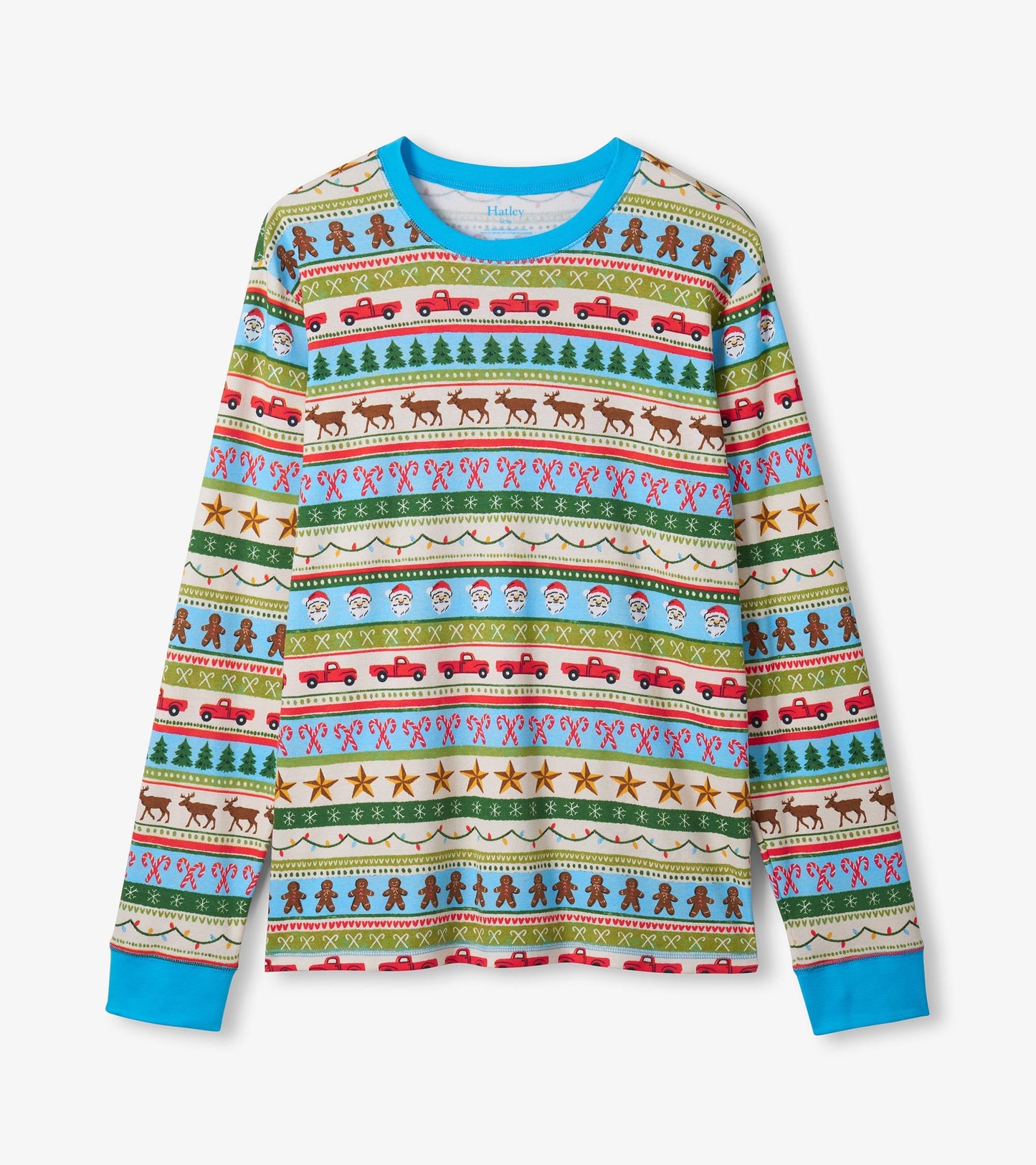 Men's long-sleeve cotton pyjama top featuring a colorful Fair Isle pattern with festive motifs on a light background.
