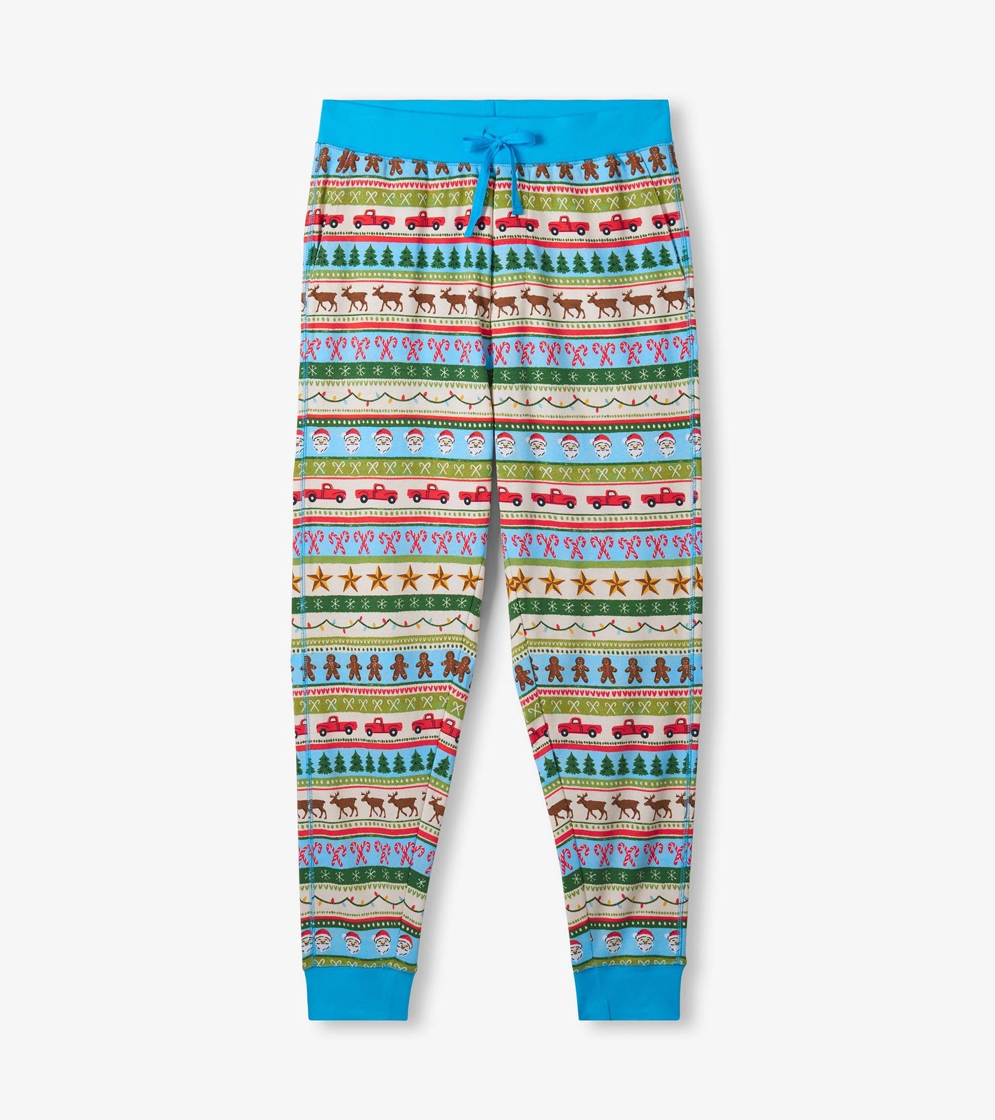 Men's cotton pyjama set featuring a blue waistband and a colorful Fair Isle pattern with festive motifs.