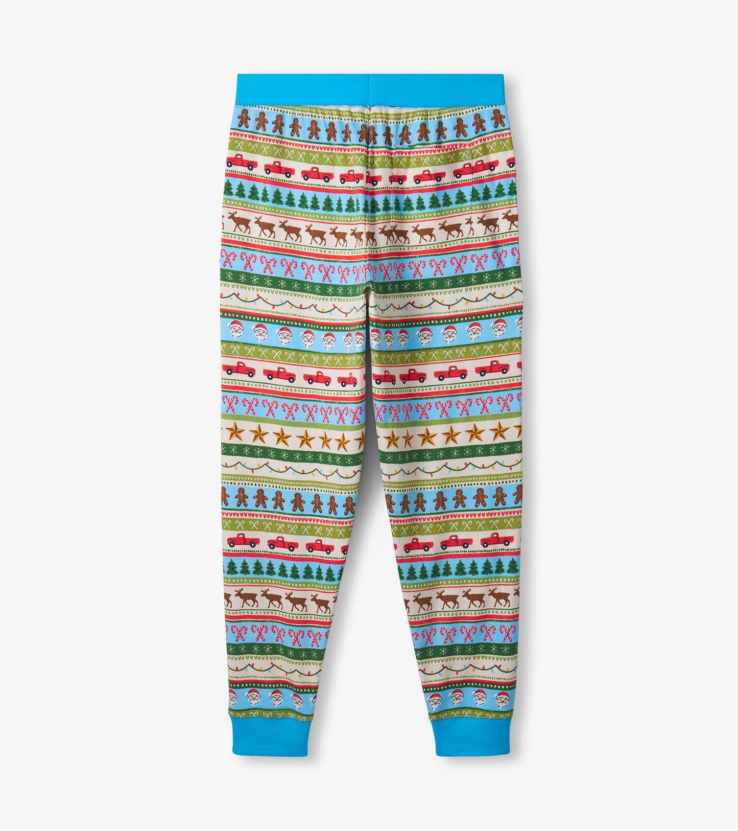 Men's cotton pyjama set featuring a blue waistband and a colorful Fair Isle pattern with festive motifs.
