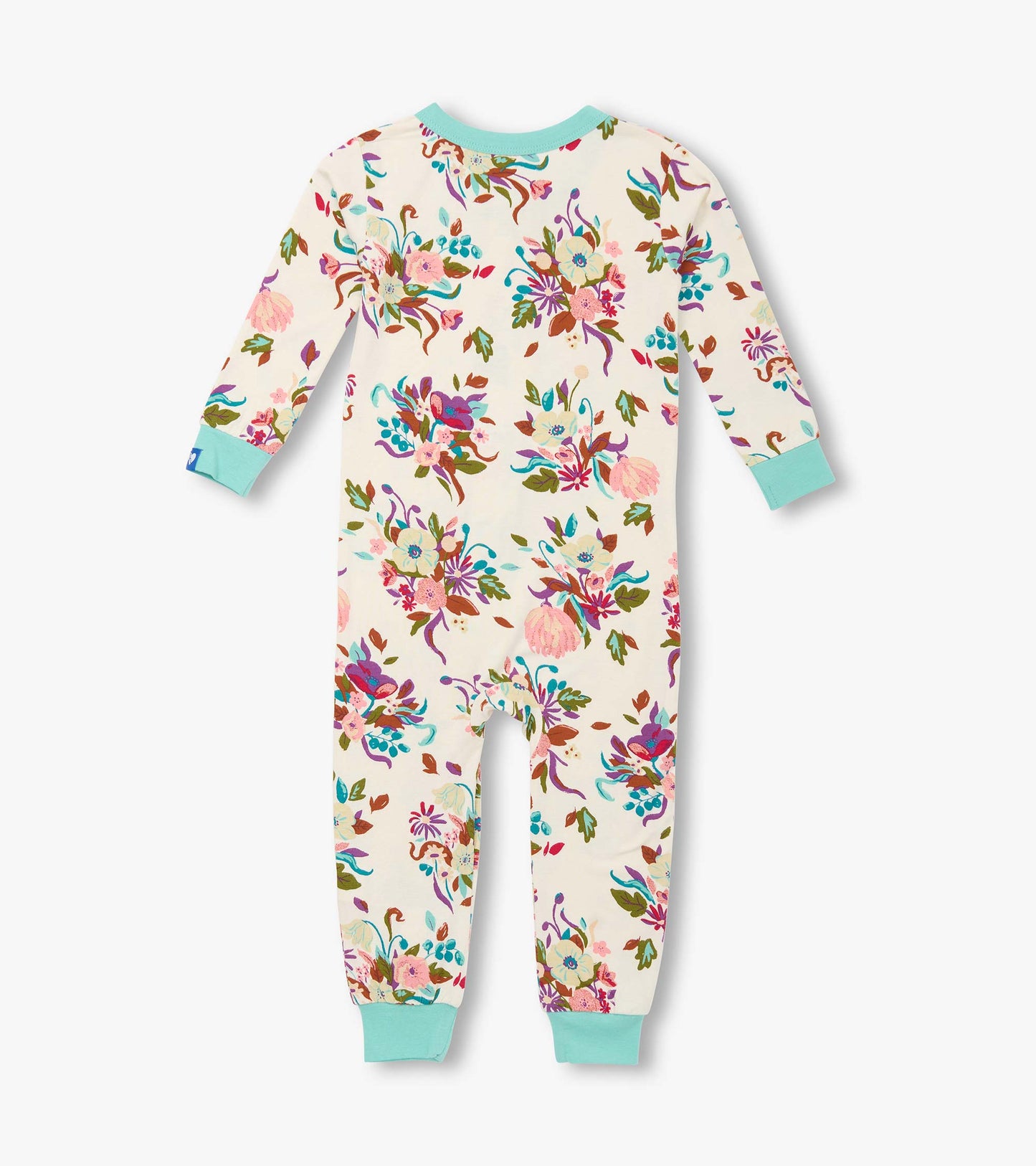 Cream baby sleeper with colorful floral print, aqua trim, long sleeves, and footed legs, front view