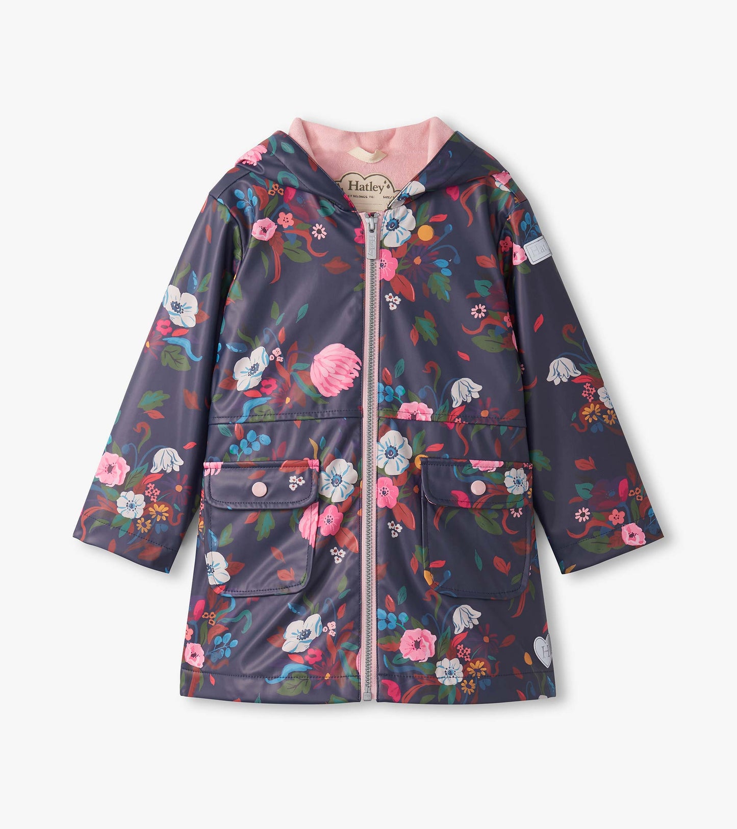 Navy zip-up raincoat with a floral pattern, featuring a hood and front pockets. Ideal for fall weather.