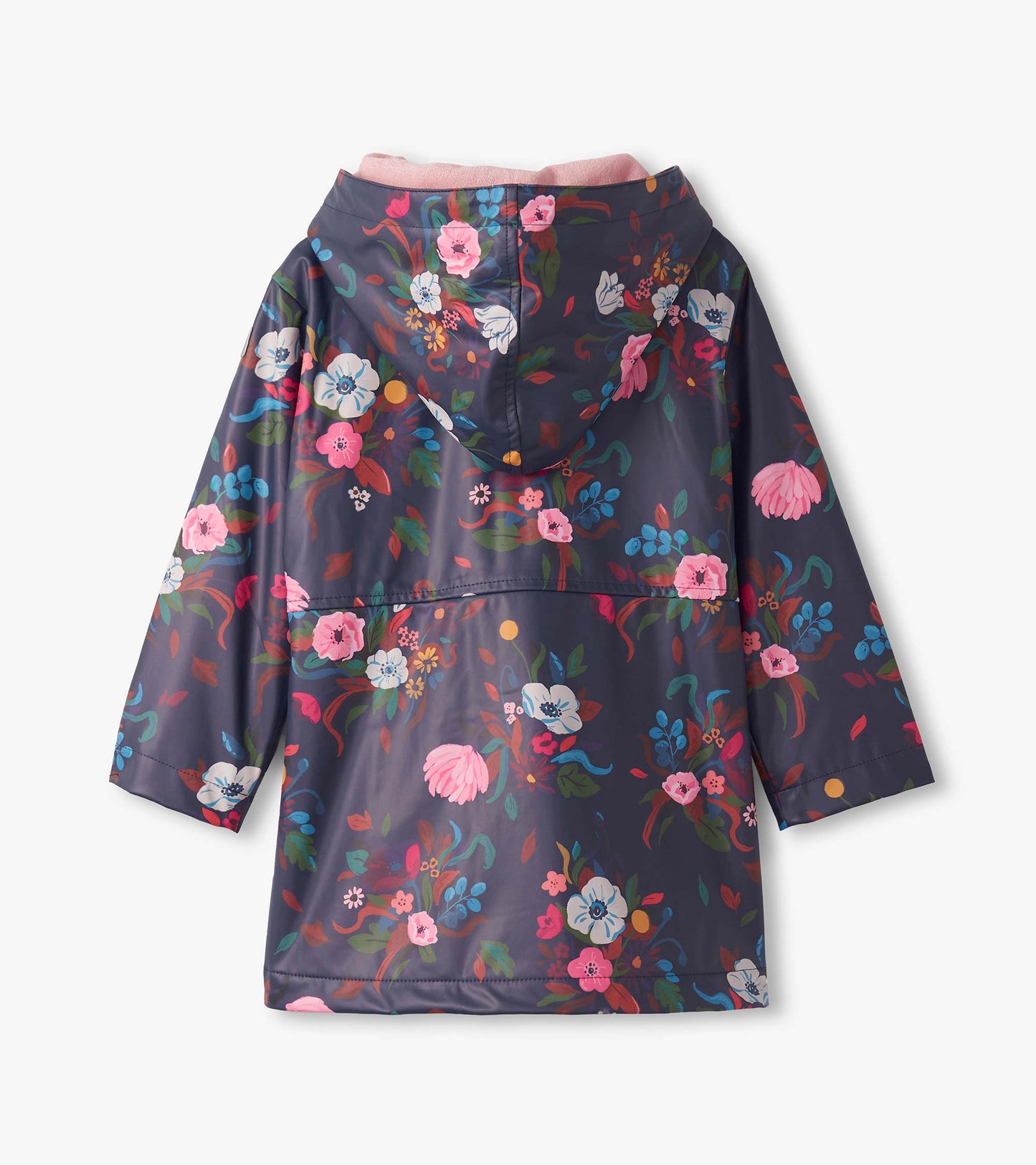 Navy zip-up raincoat with a colorful floral pattern and a hood, featuring long sleeves and a relaxed fit.