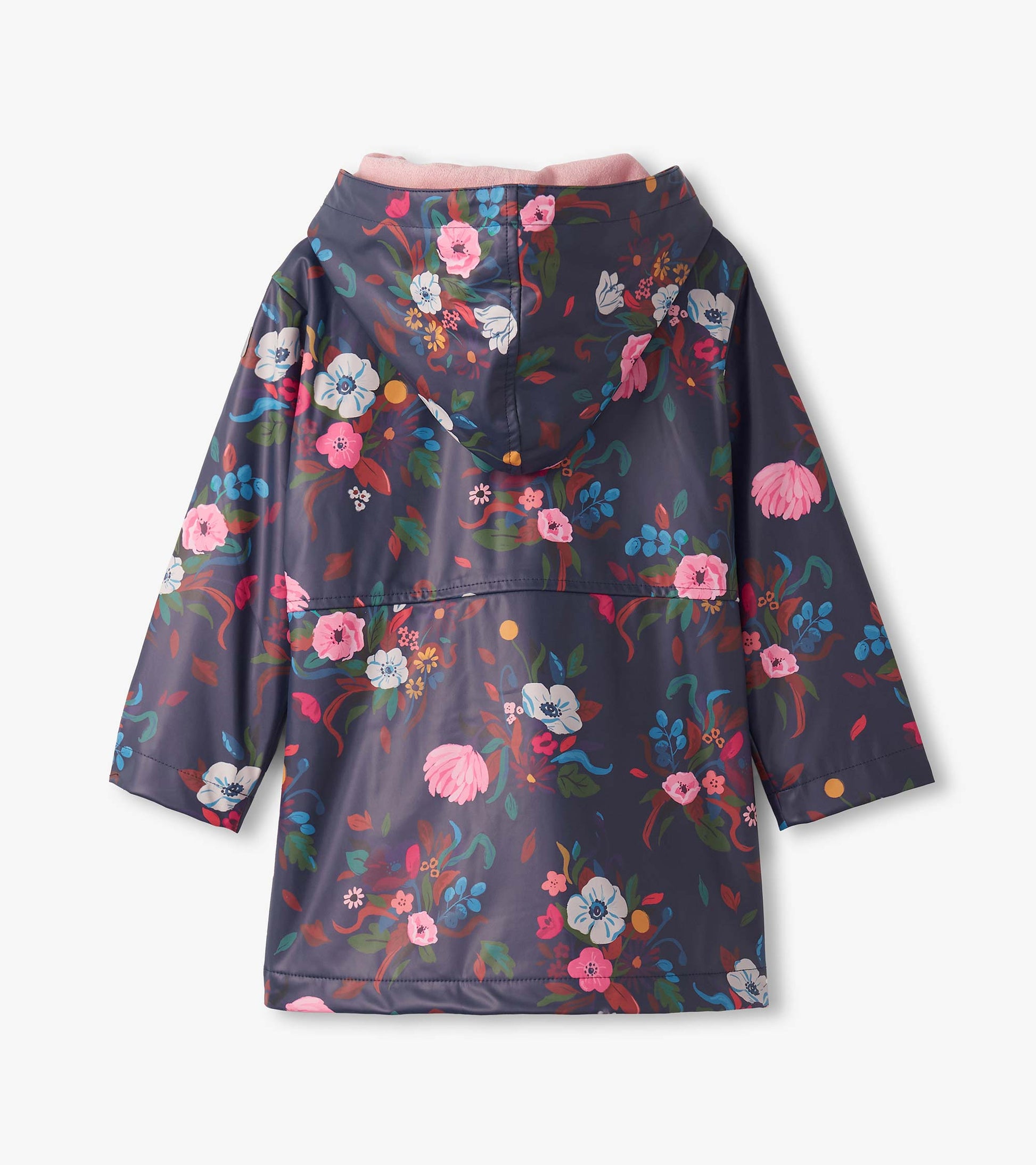 Navy zip-up raincoat with a colorful floral pattern and a hood, featuring long sleeves and a relaxed fit.