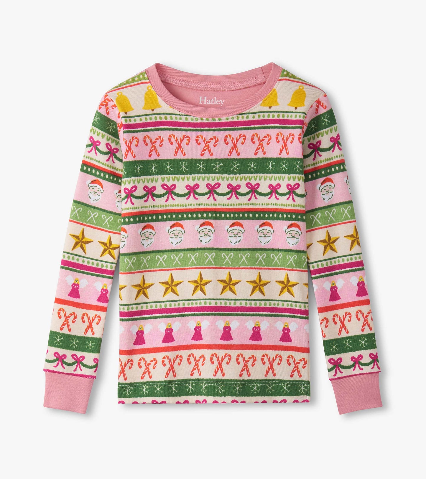 Pink cotton pyjama top featuring a fun Fair Isle pattern with Santa, stars, and candy canes in vibrant colors.