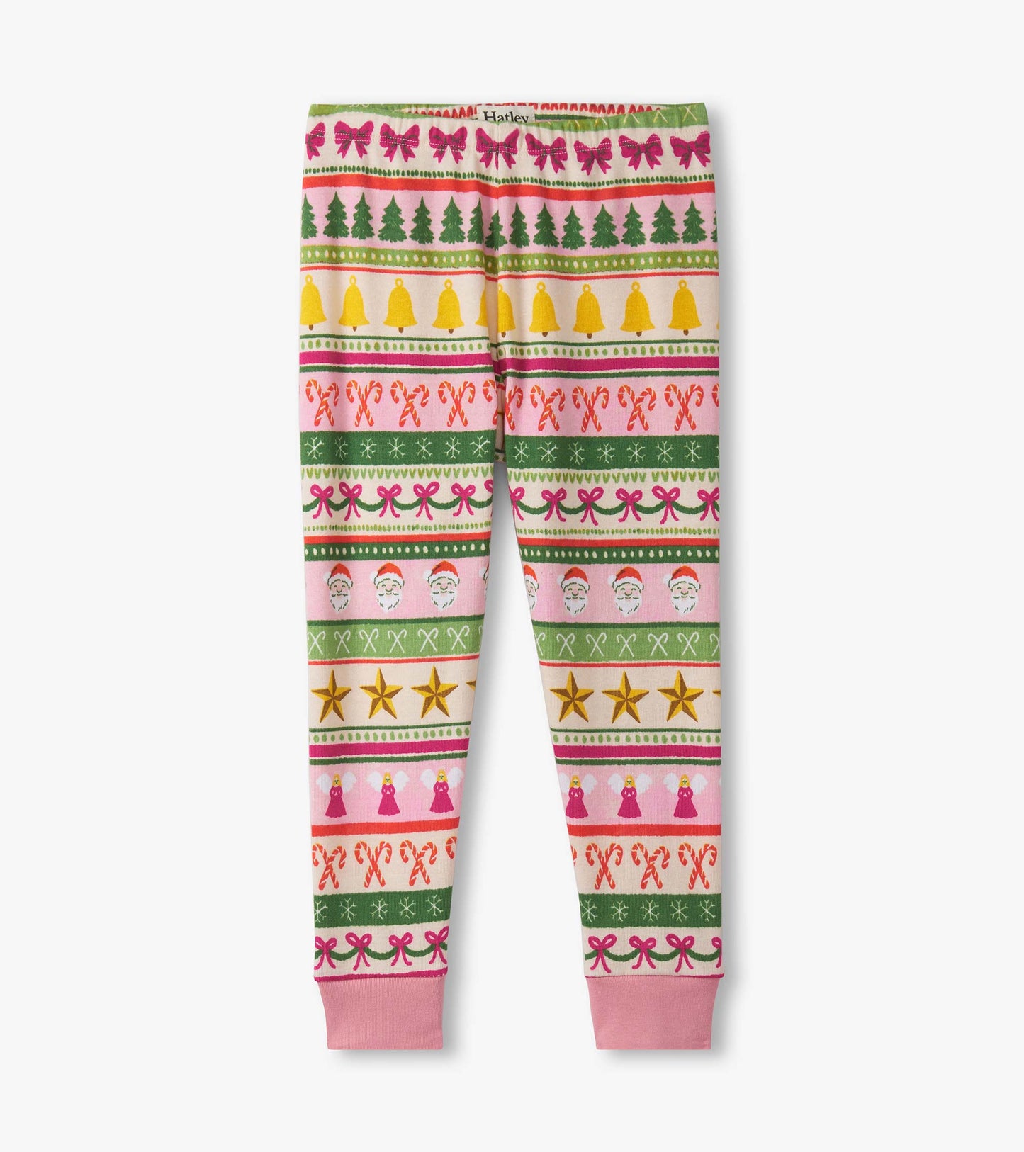 Girls' pink cotton pyjama set featuring a festive Fair Isle pattern with bows, trees, bells, and candy canes.