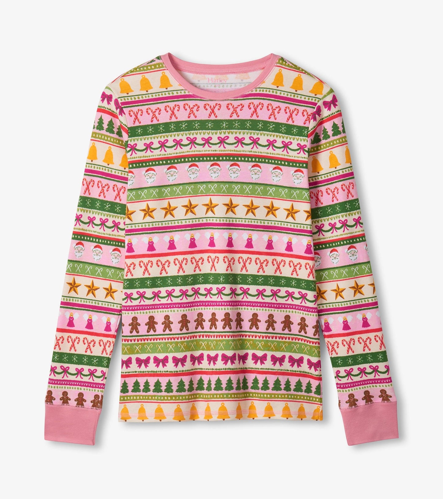 Long-sleeve pink pyjama top featuring a colorful Fair Isle pattern with festive motifs like candy canes and Christmas trees.