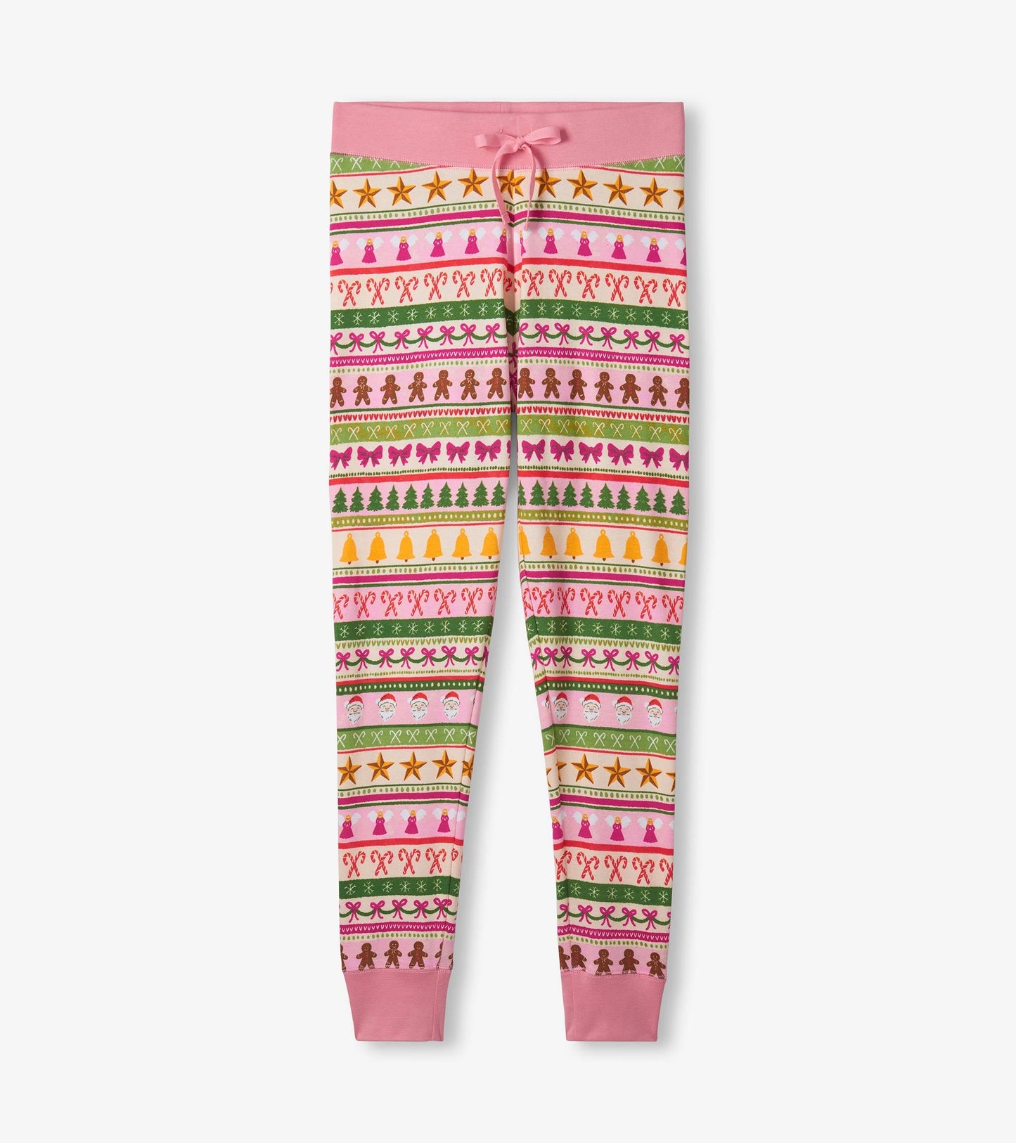 Pink cotton pyjama set featuring a fun Fair Isle pattern with festive motifs in green, red, and yellow.