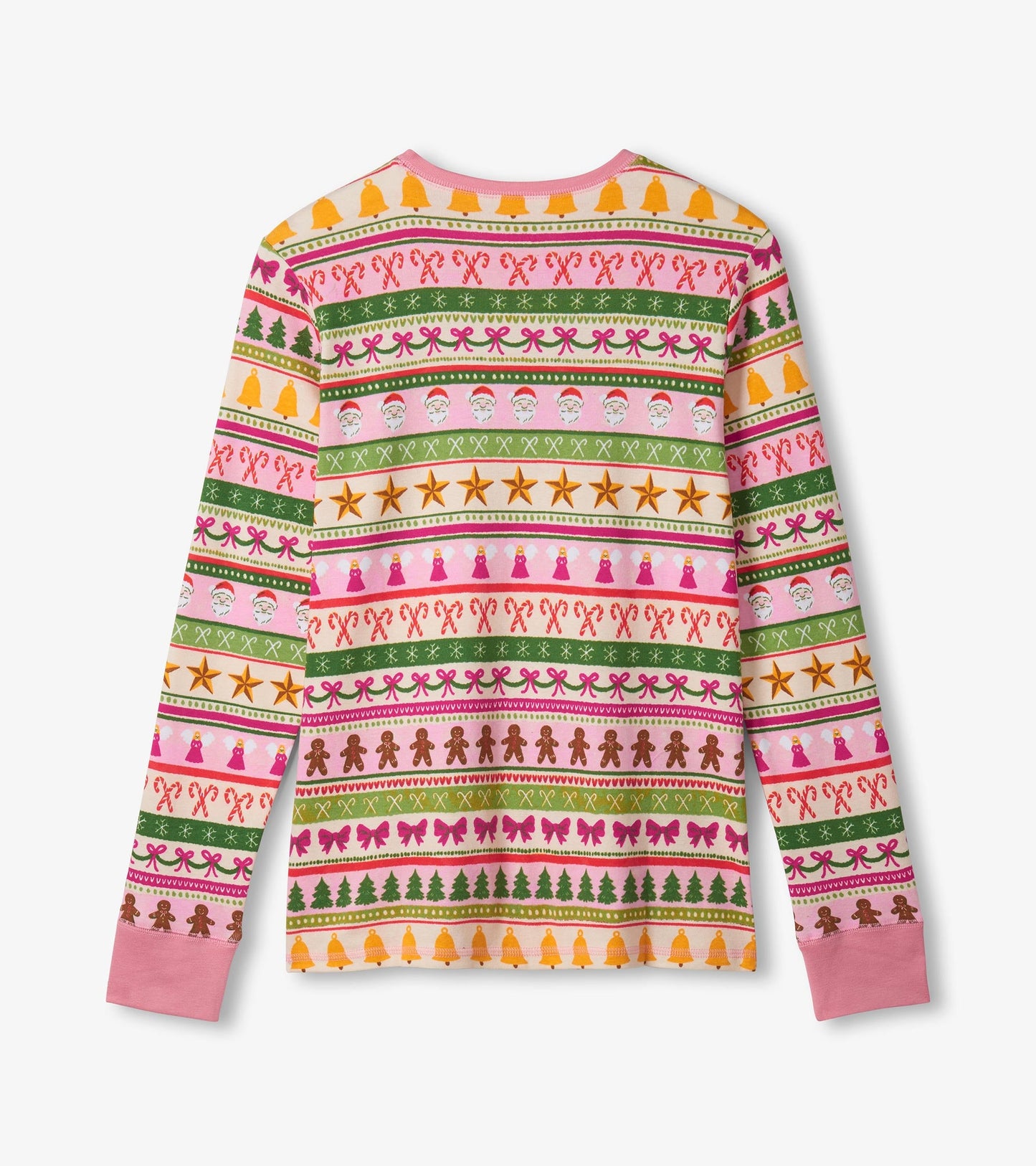 Colorful pink cotton pyjama top featuring a festive Fair Isle pattern with holiday-themed designs and long sleeves.