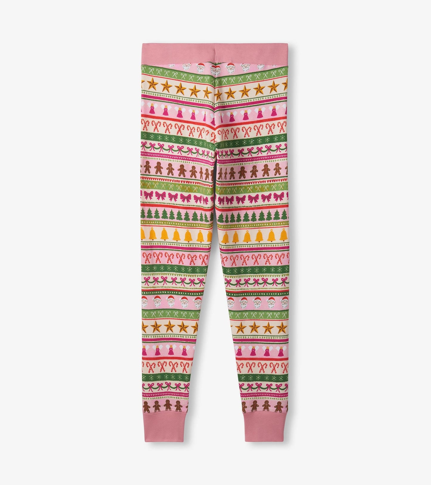 Women's pink cotton pyjama set featuring a colorful Fair Isle pattern with festive motifs.
