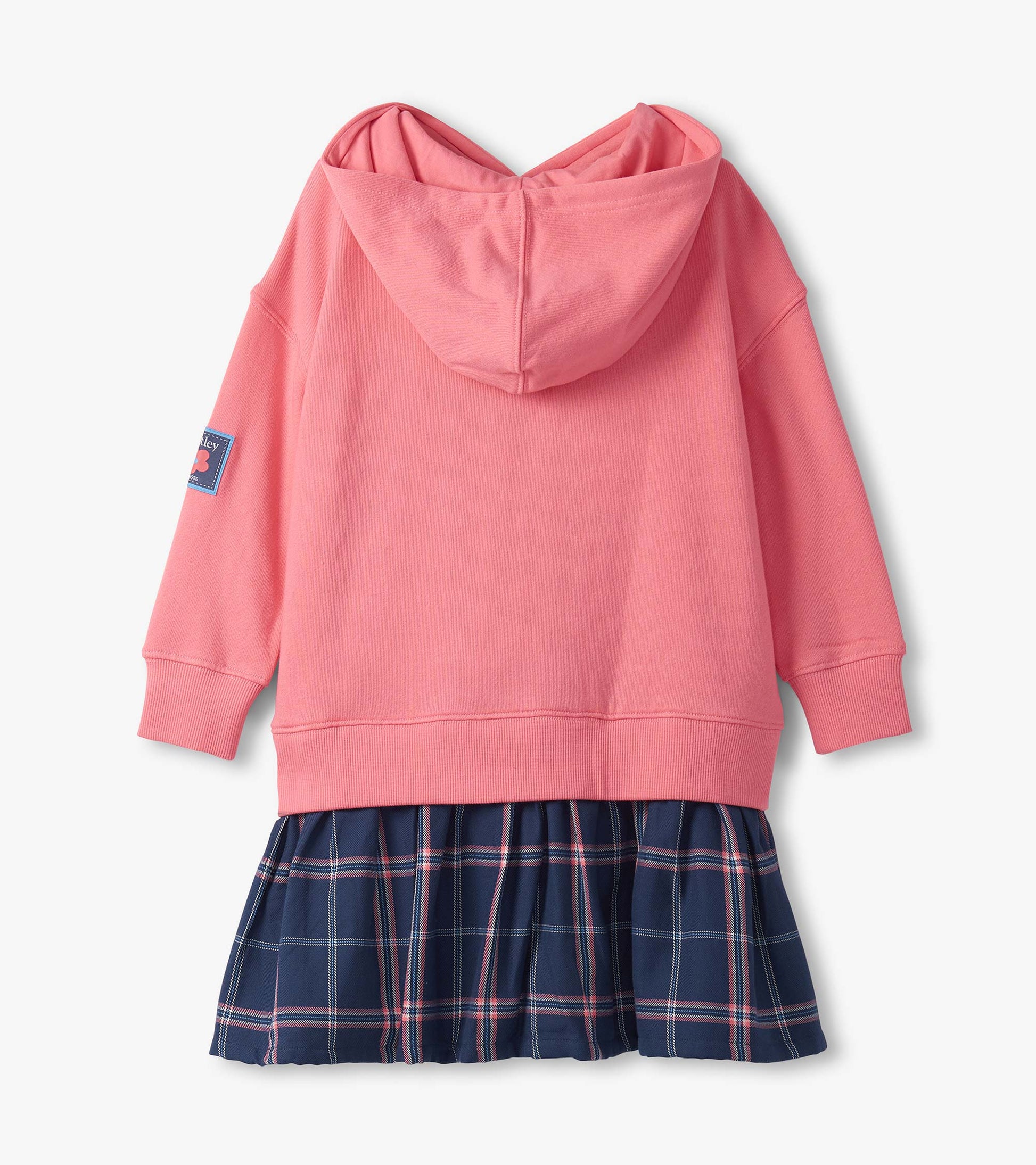 Pink hoodie top with a navy plaid pleated skirt, designed for girls.