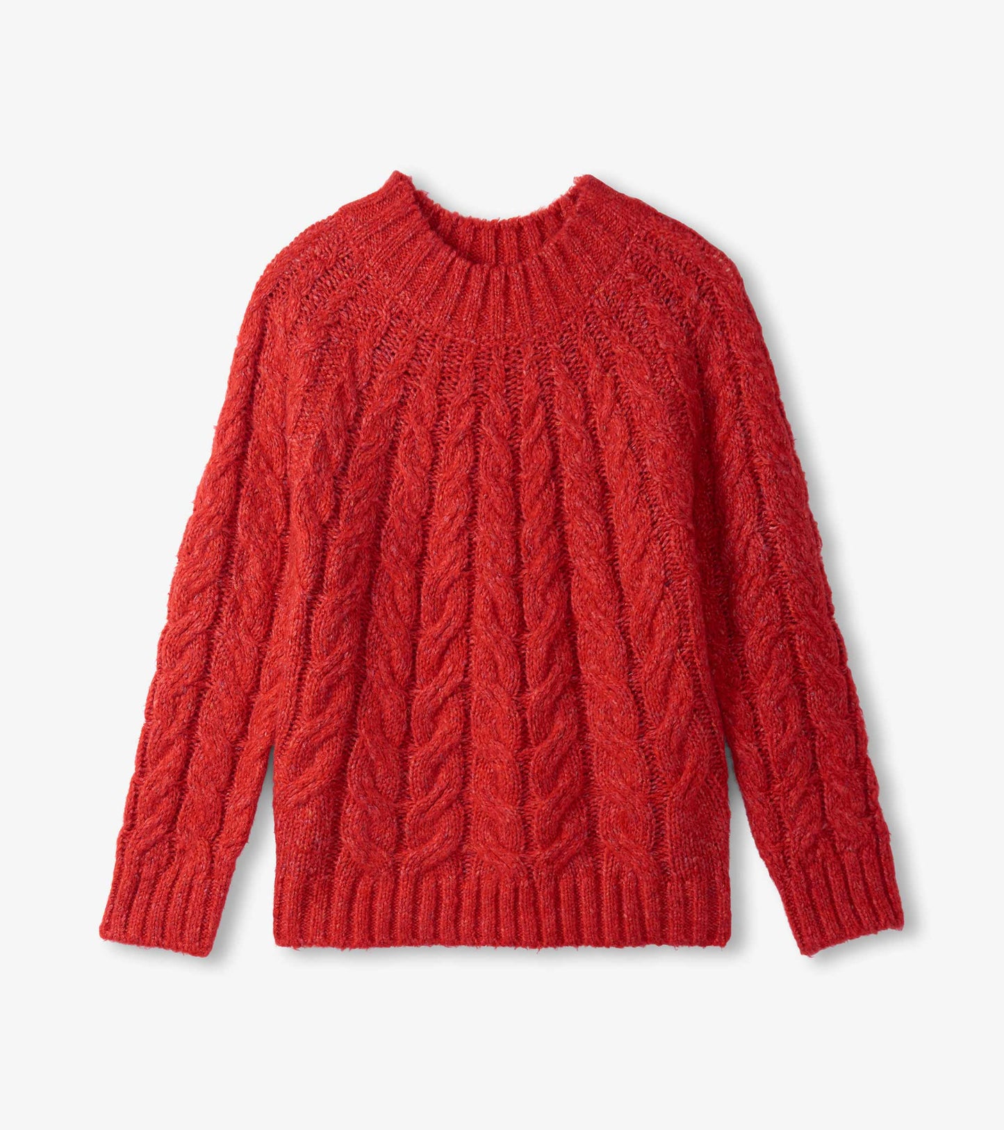 Red cable knit jumper with a round neckline and long sleeves, featuring a textured pattern and ribbed hem.