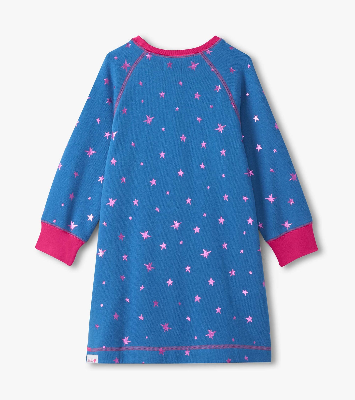 Blue sweater dress with pink foil star pattern and pink cuffs, featuring a relaxed fit and long sleeves.