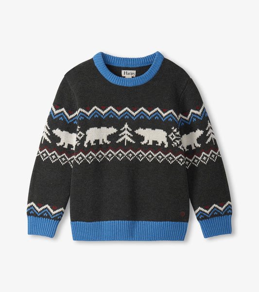 Black crew neck sweater featuring white bears and trees in a festive pattern, with blue ribbed collar and cuffs.