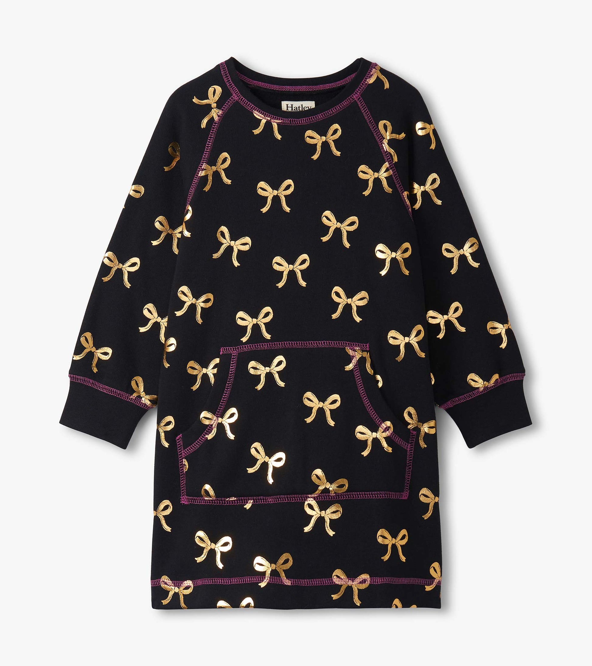 Black sweater dress featuring gold bow patterns and a front pocket, with purple stitching details.