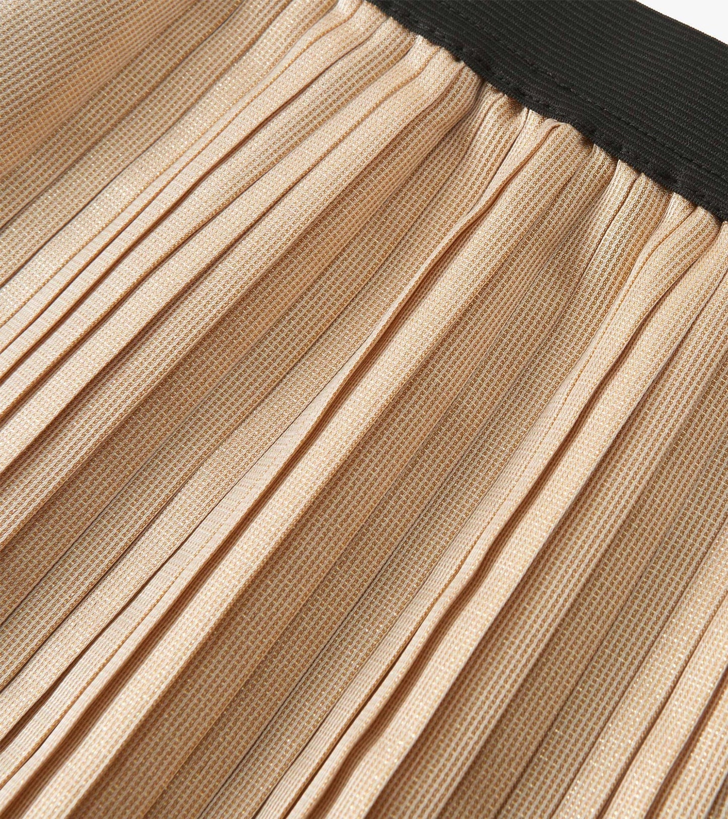Gold pleated skirt with a black waistband, featuring a textured pattern, suitable for casual or dressy occasions.