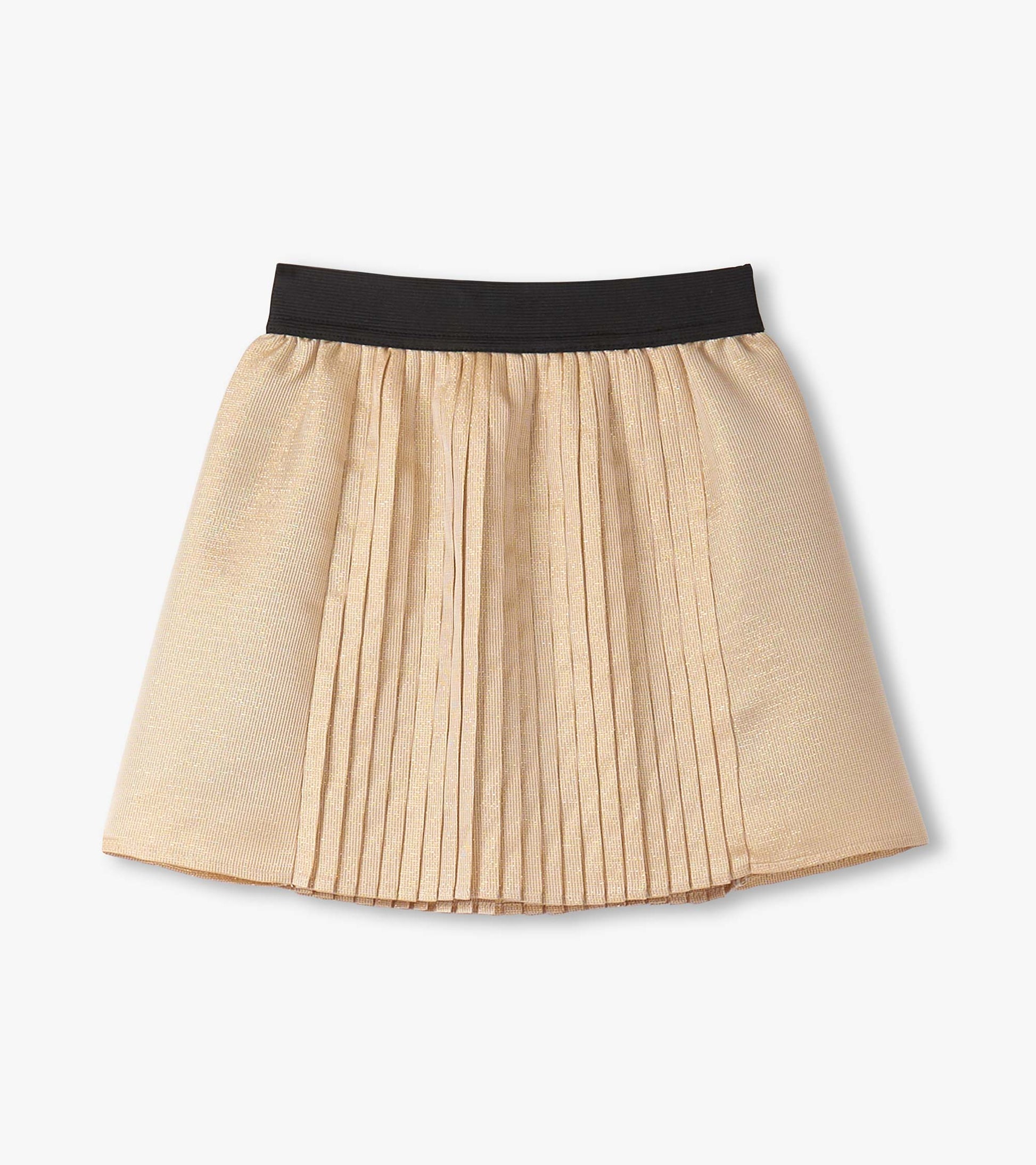 Gold pleated skirt with a black waistband, designed for girls, featuring a flared shape and shiny fabric.