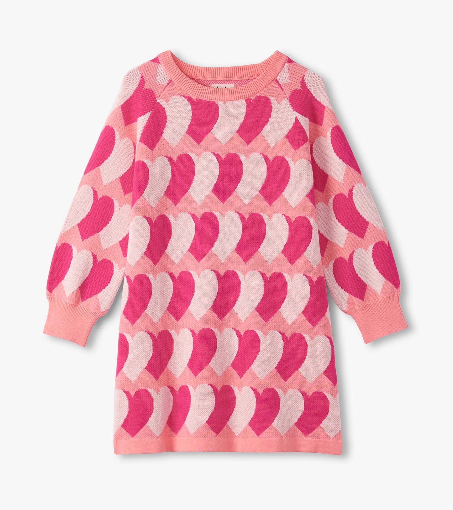 Pink sweater dress featuring a heart pattern in varying shades of pink, with long sleeves and a round neckline.