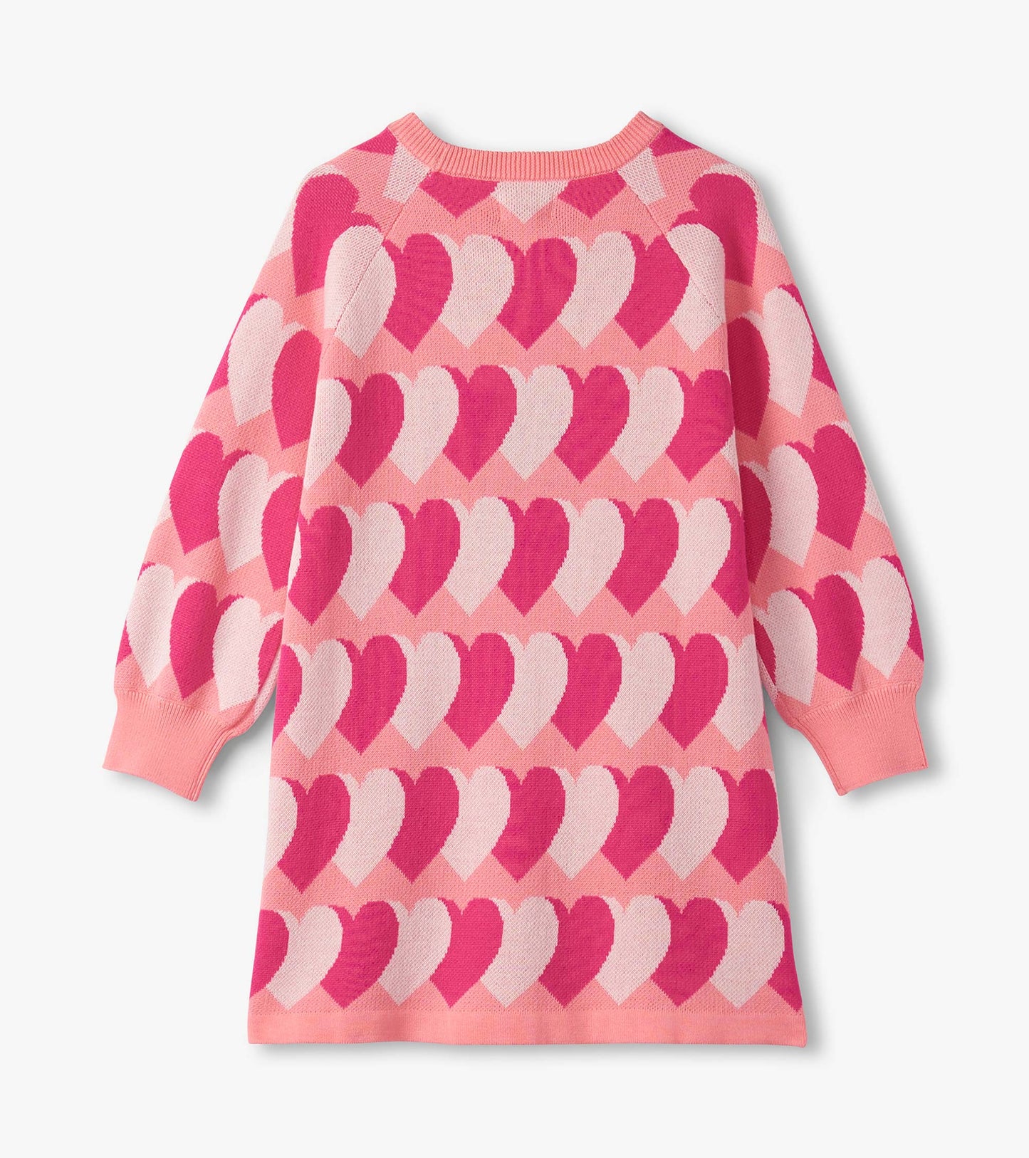 Pink sweater dress featuring a heart pattern in varying shades of pink, with long sleeves and a relaxed fit.