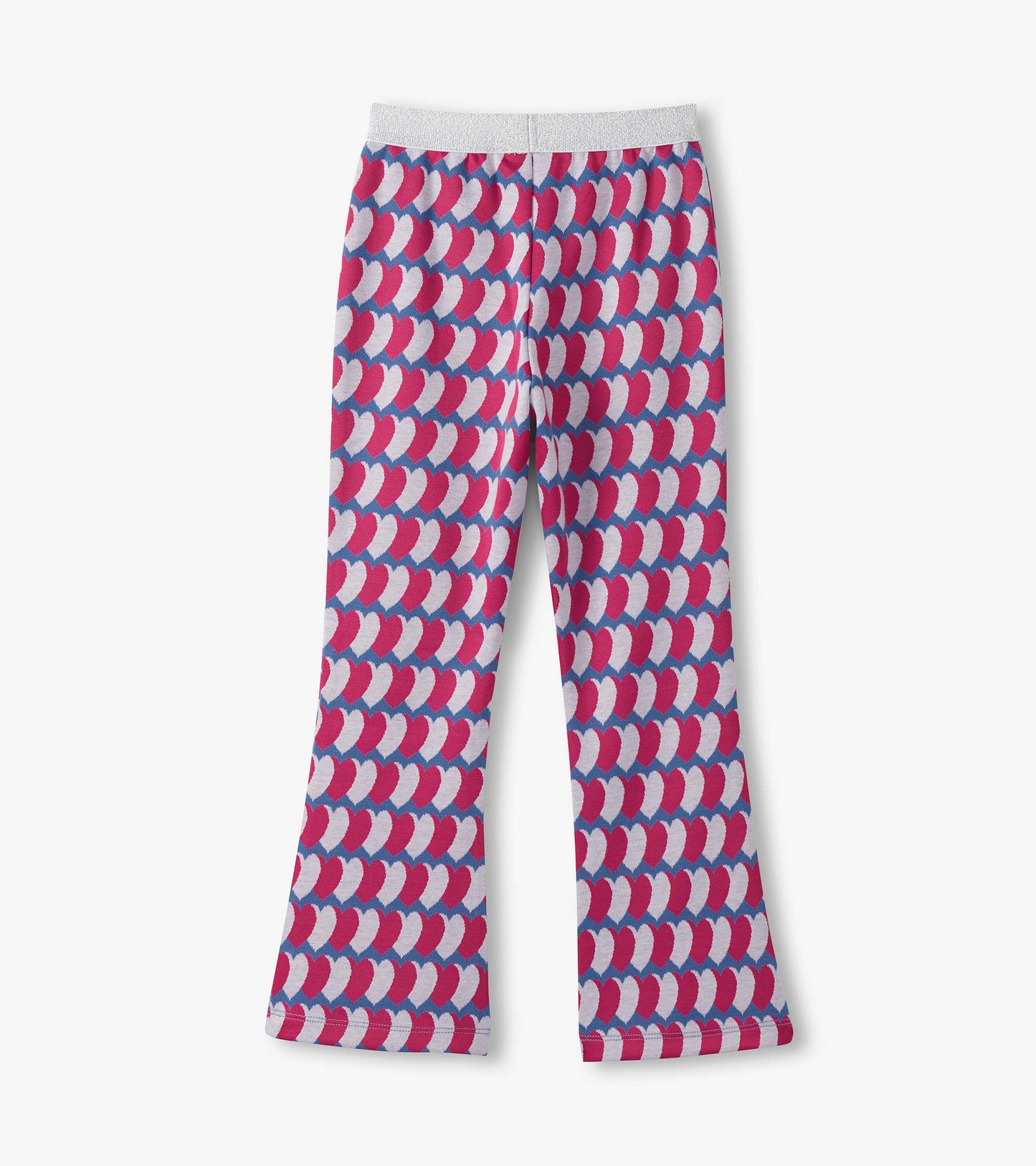 Flare pants featuring a colorful heart pattern in pink, white, and blue with a soft elastic waistband.