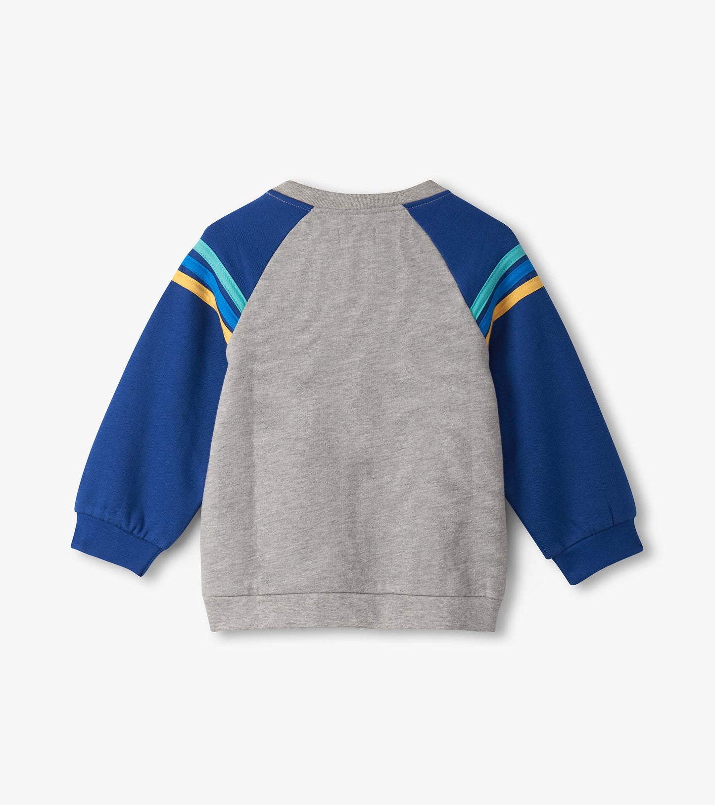 Gray pullover sweatshirt with blue sleeves and colorful stripes, designed for baby and toddler boys. Back view.