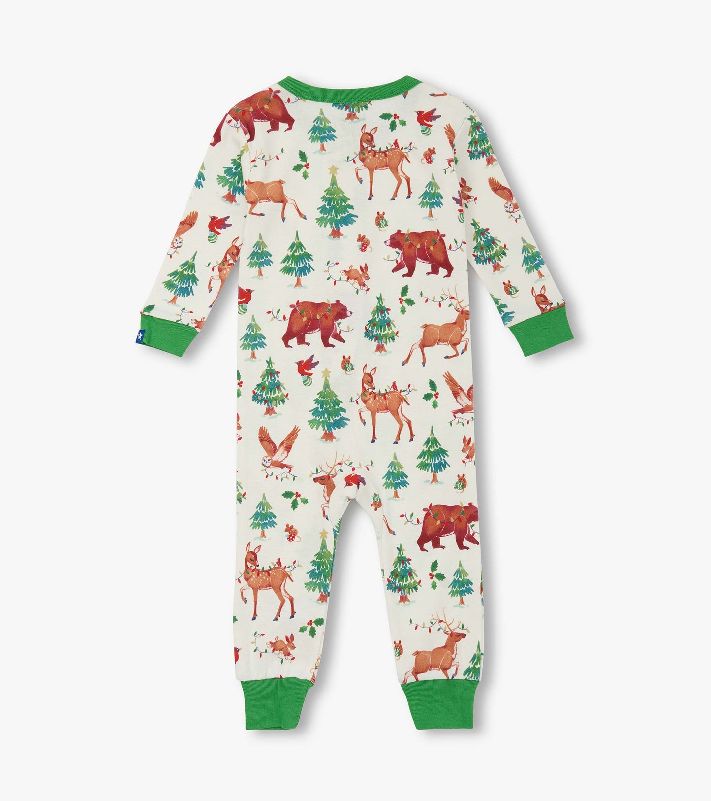 Cotton sleeper for baby boys featuring a holiday animal print with bears, deer, and trees, accented with green cuffs.