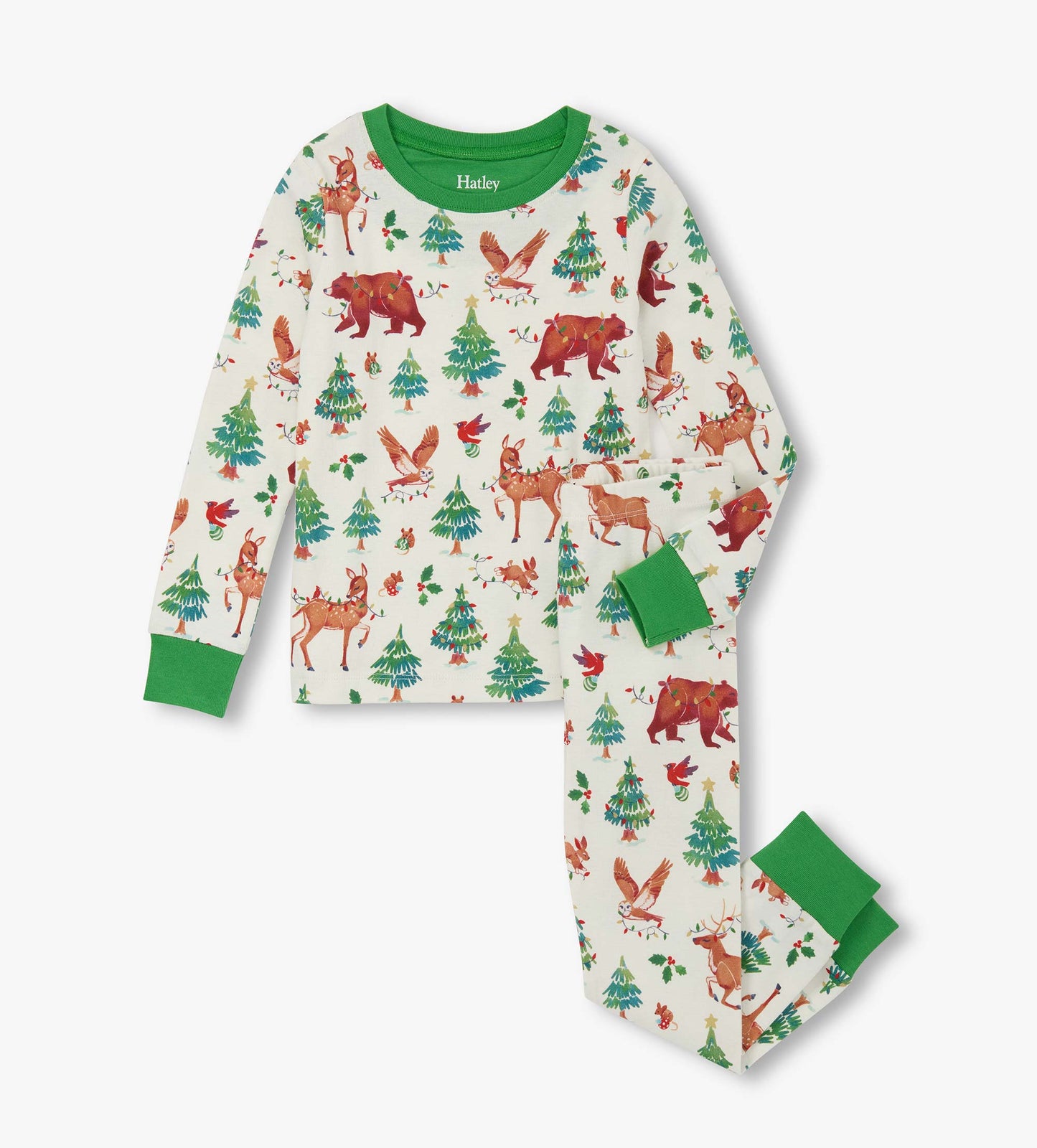Cotton pyjama set featuring a festive animal and tree print with green cuffs, suitable for boys.