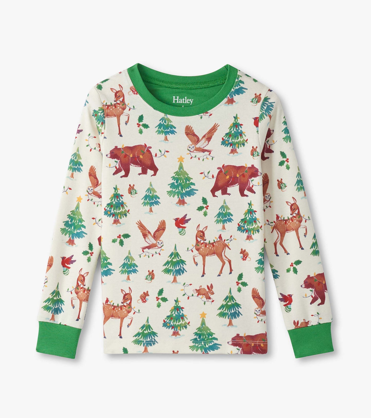 Cotton pyjama top featuring colorful holiday animal prints, green cuffs, and a crew neckline.