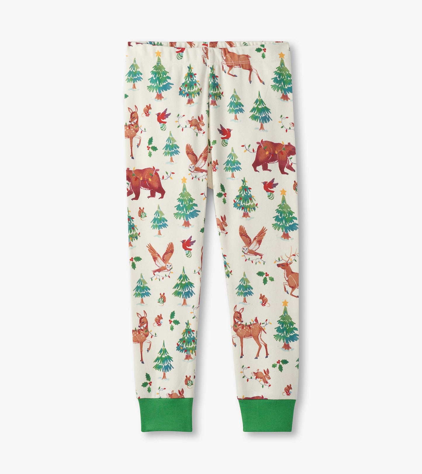 Cotton pyjama pants featuring a festive animal and tree print in red, green, and cream with green cuffs.