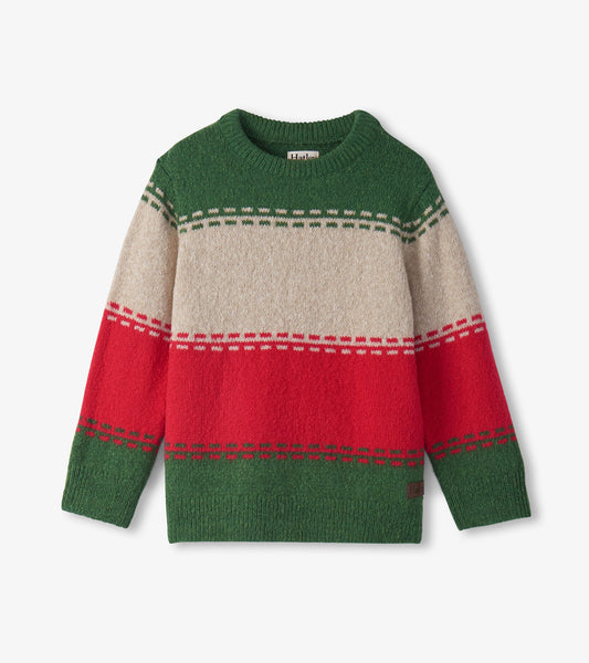 Crew neck sweater featuring green, beige, and red stripes, made from soft material, suitable for boys' holiday wear.