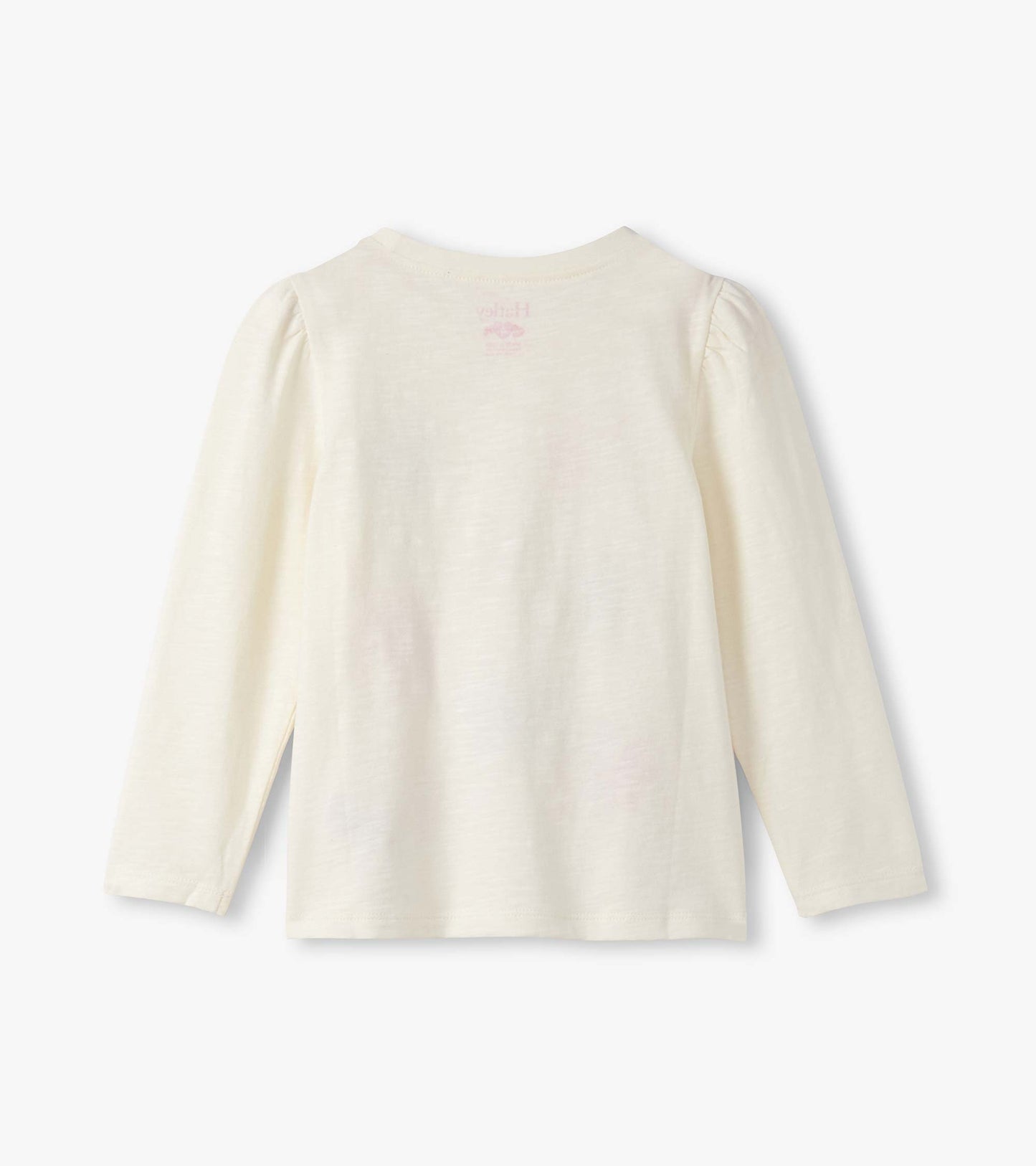 Back view of cream long sleeve girls tee with puff shoulders and plain solid back