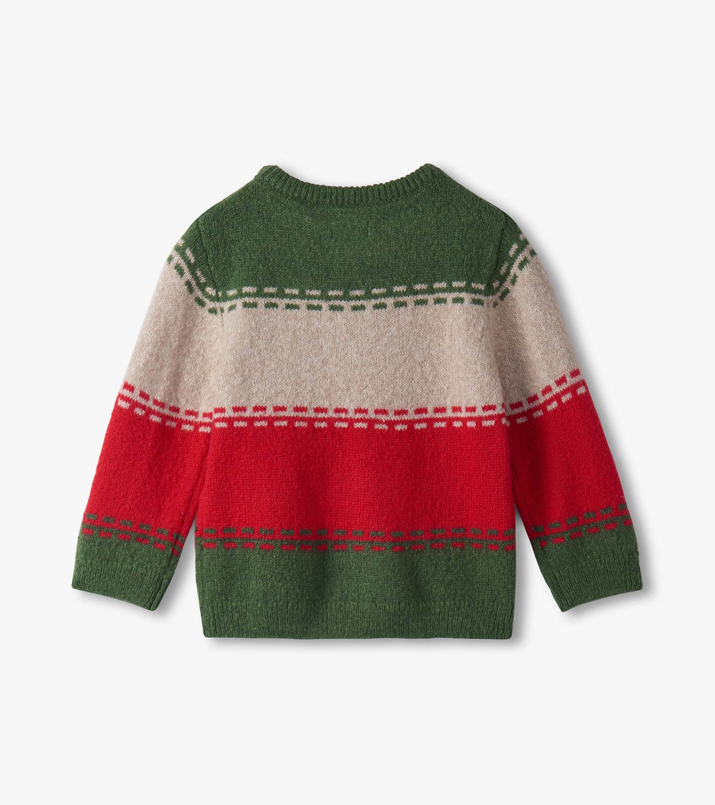 Green, red, and beige crew neck sweater with festive stripes, designed for baby boys, featuring long sleeves.