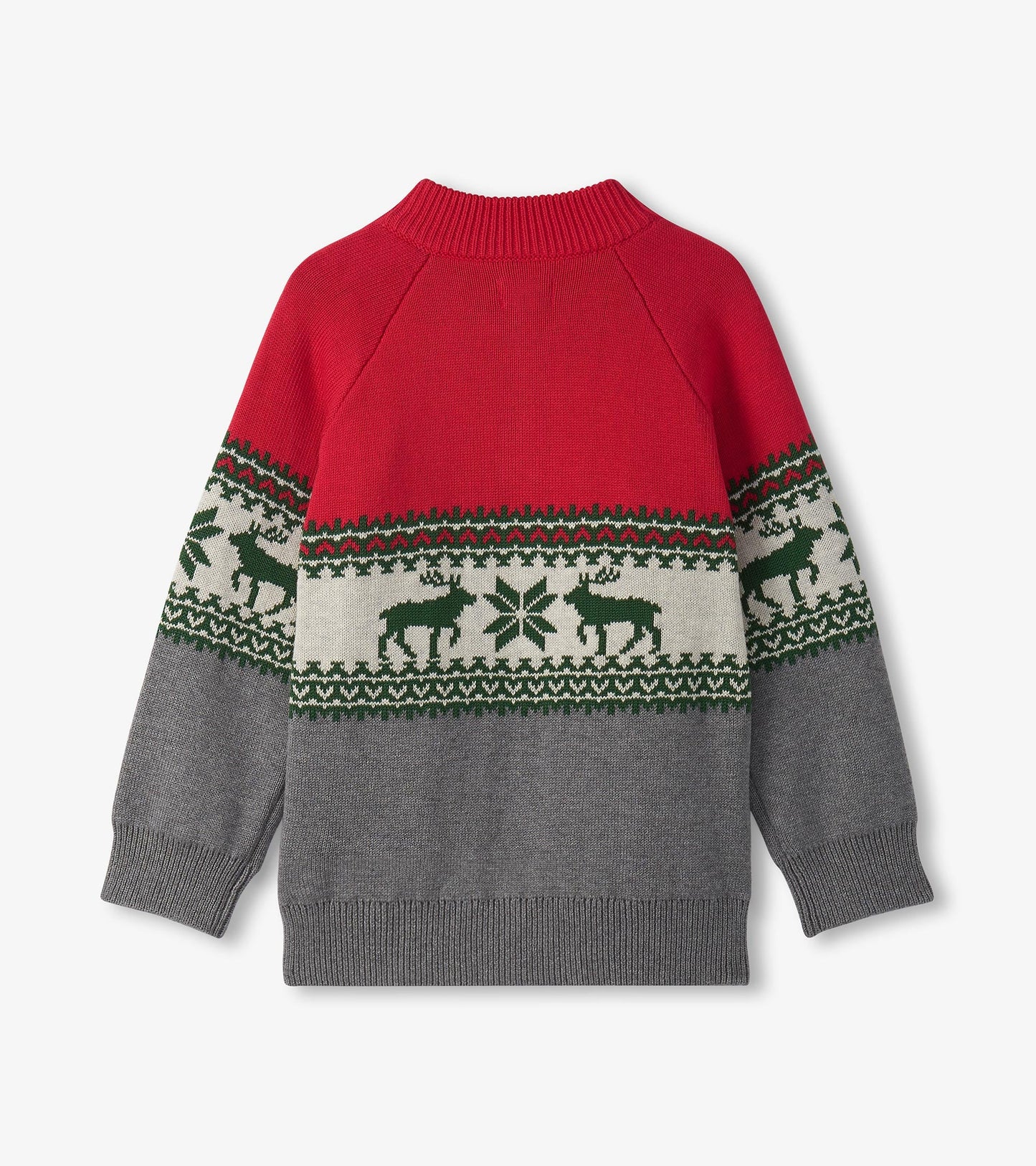 Red and gray mockneck sweater featuring a festive elk pattern and snowflakes, ideal for holiday wear.