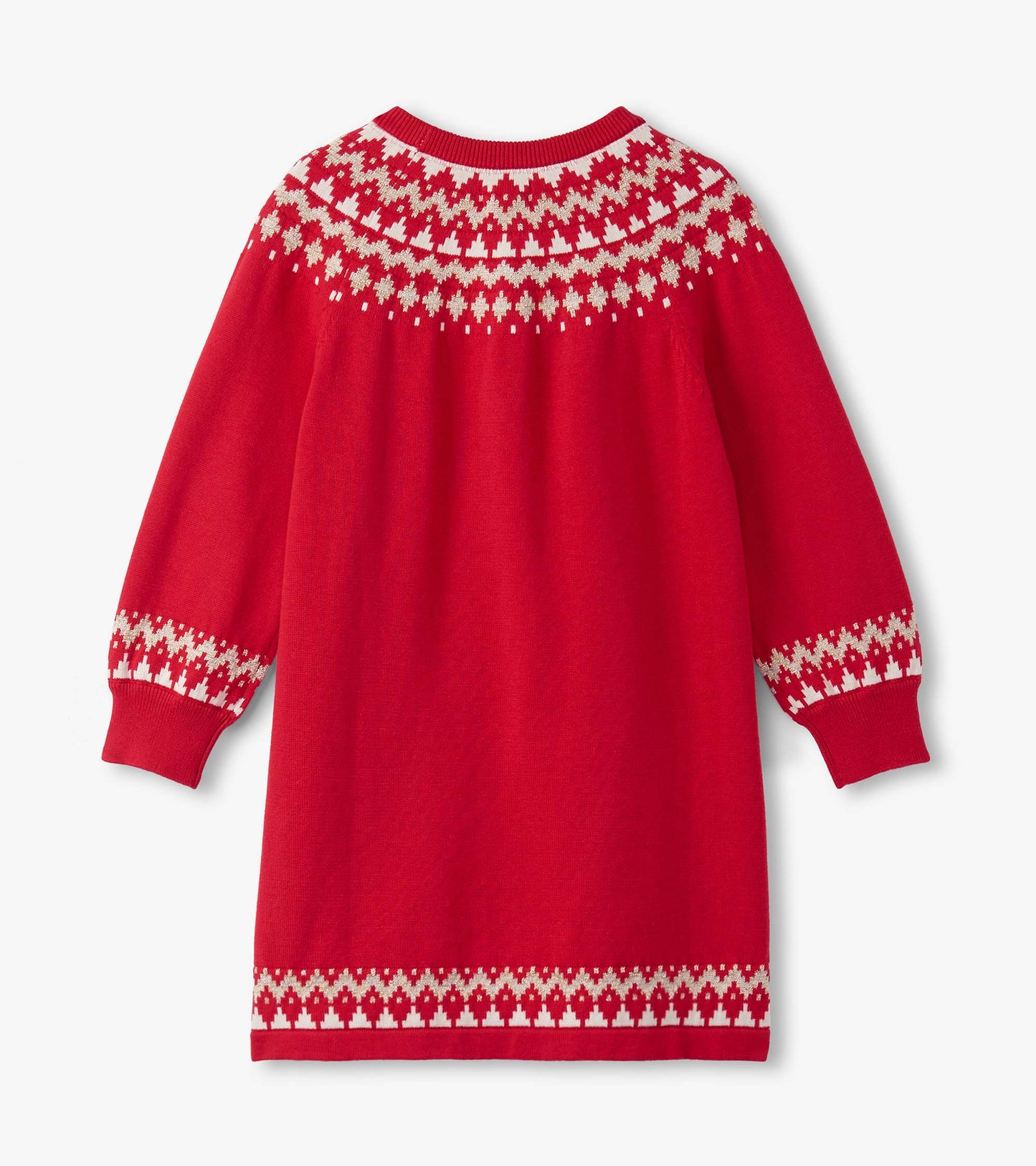 Red sweater dress with Fair Isle pattern, featuring long sleeves and a round neckline, shown from the back.