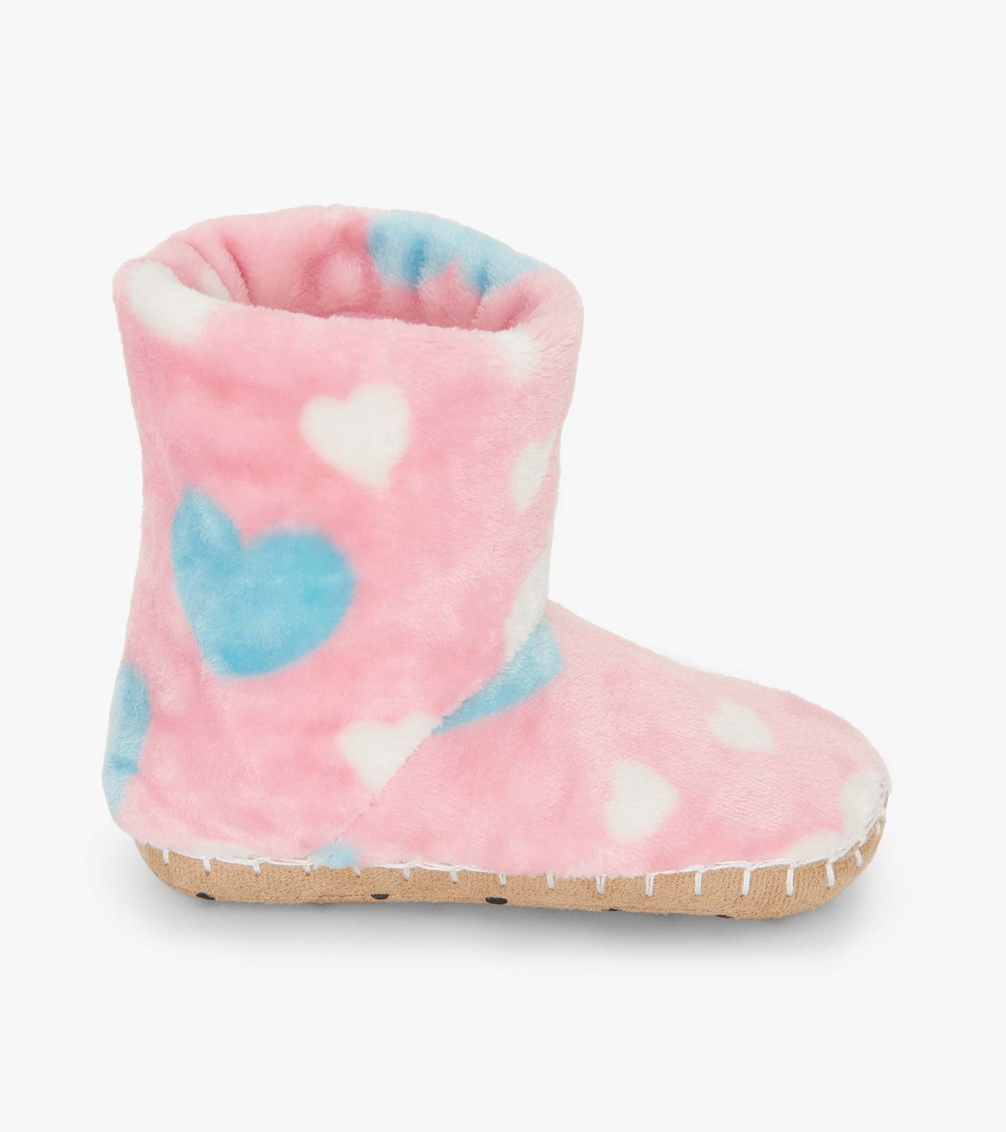 Pink fuzzy fleece slippers with blue and white heart patterns, featuring a cozy ankle height and a soft sole.