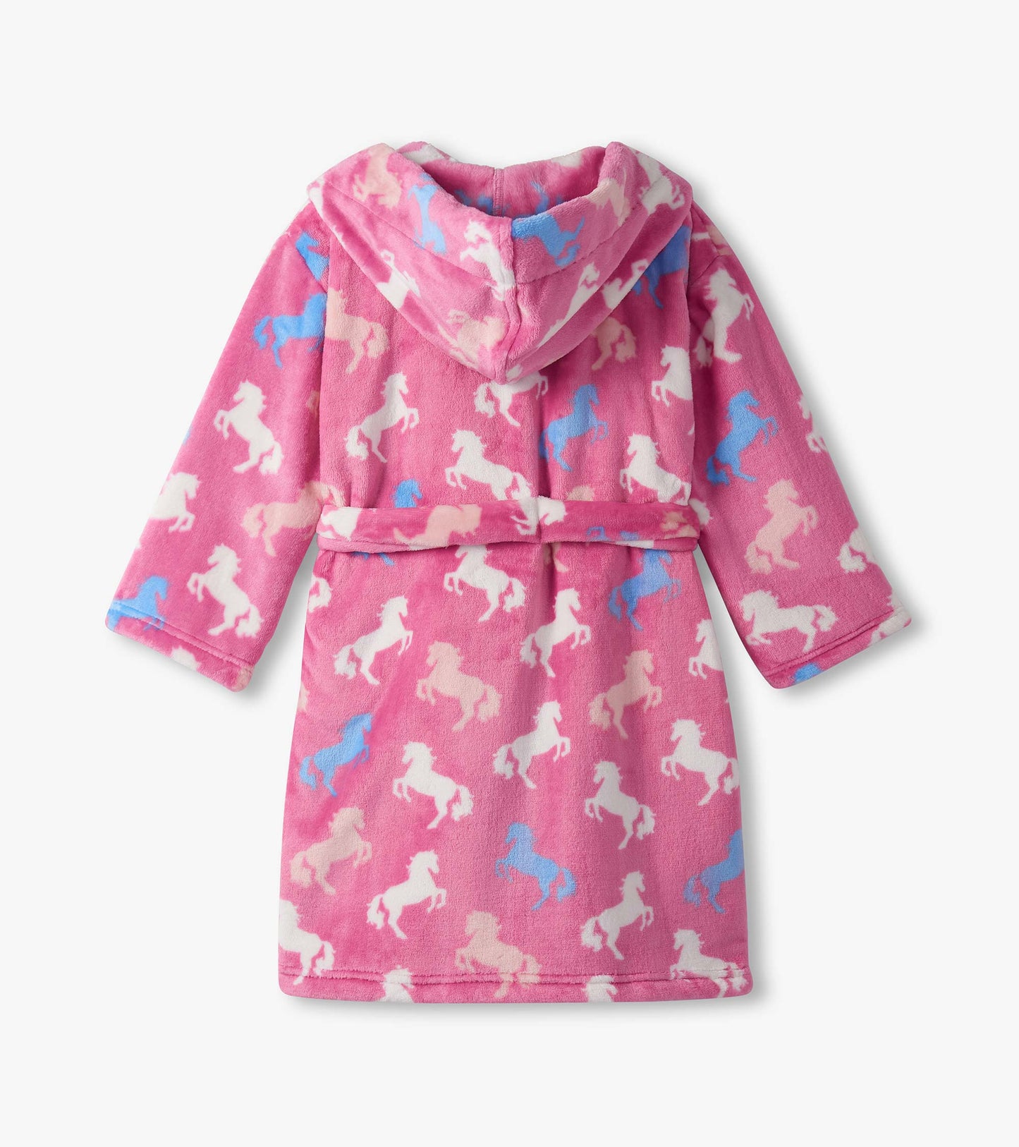 Pink fleece robe with a hood, featuring a playful pattern of white and blue horses. Tied belt at the waist.