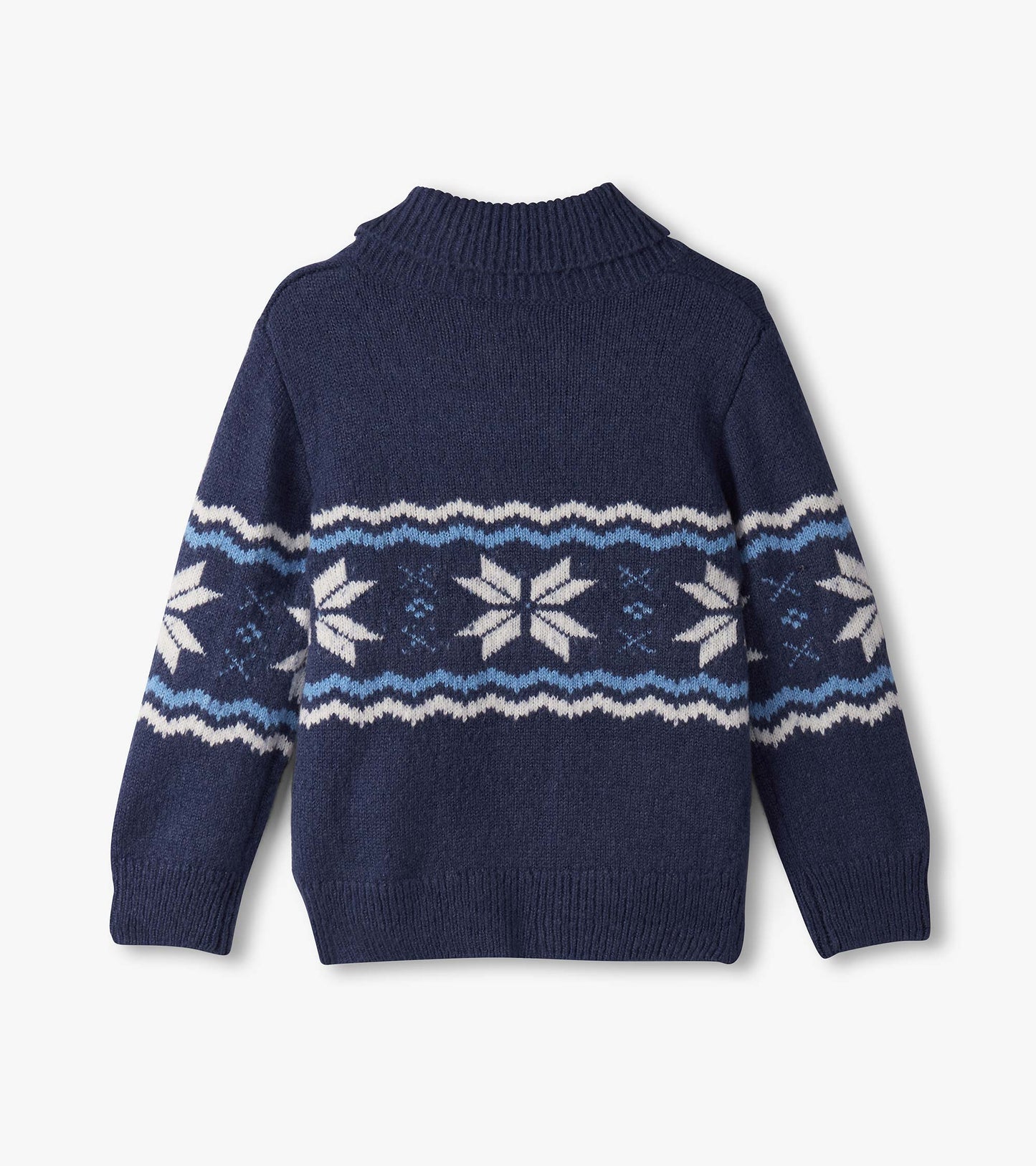 Navy blue sweater with snowflake pattern and ribbed collar, designed for baby and toddler boys.