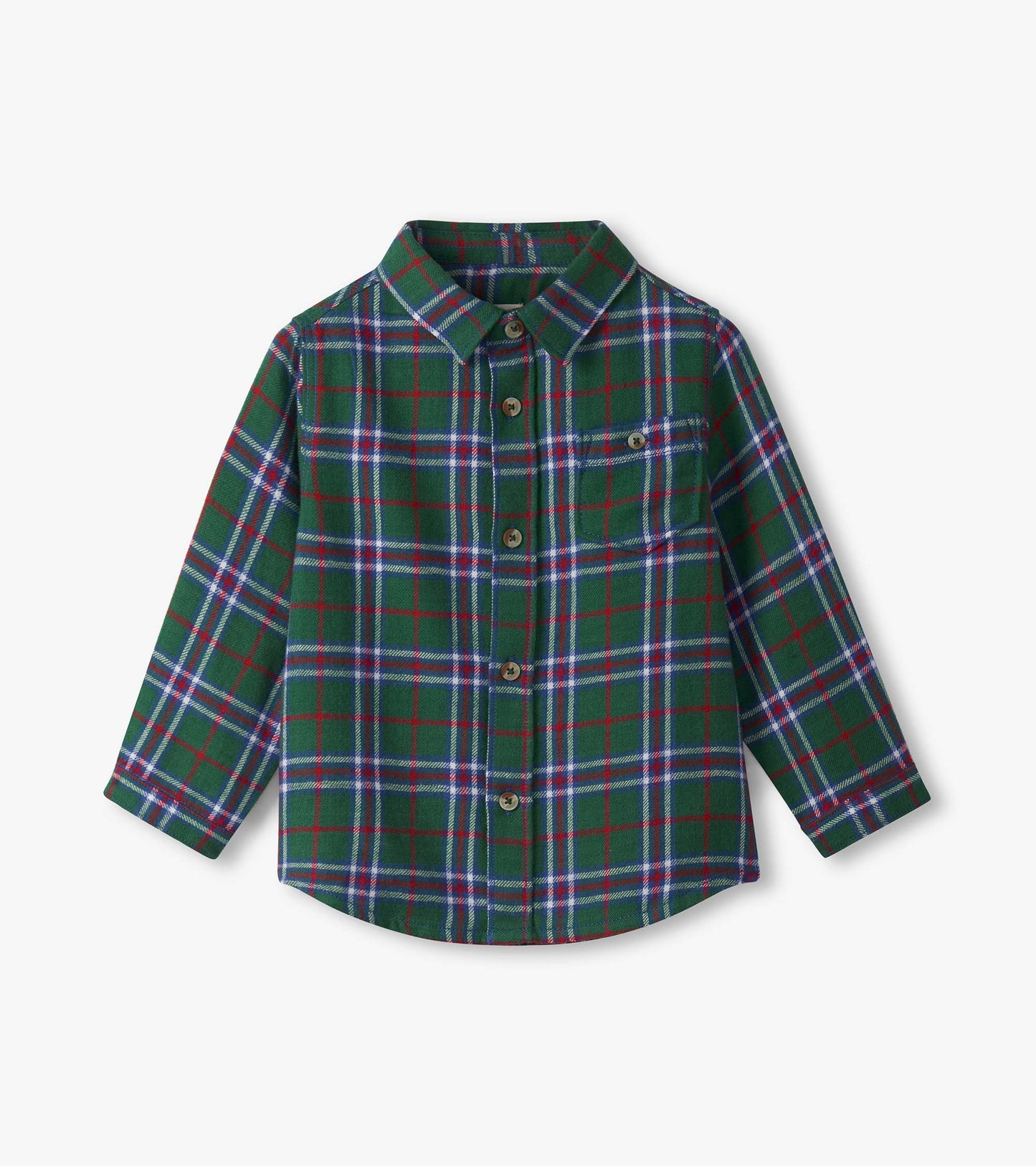 Green plaid button-down shirt for baby and toddler boys, featuring long sleeves and a classic collar.
