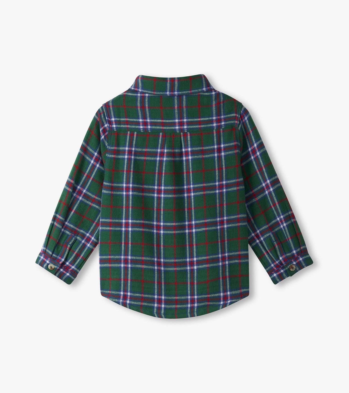Green plaid button-down shirt for baby and toddler boys, featuring long sleeves and a classic collar.