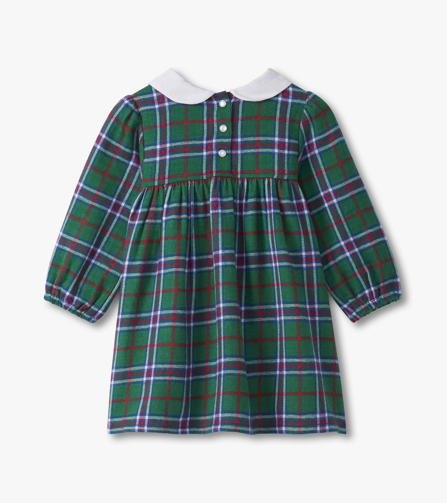 Green plaid pinafore dress with puff sleeves and white collar, featuring button closure at the back.