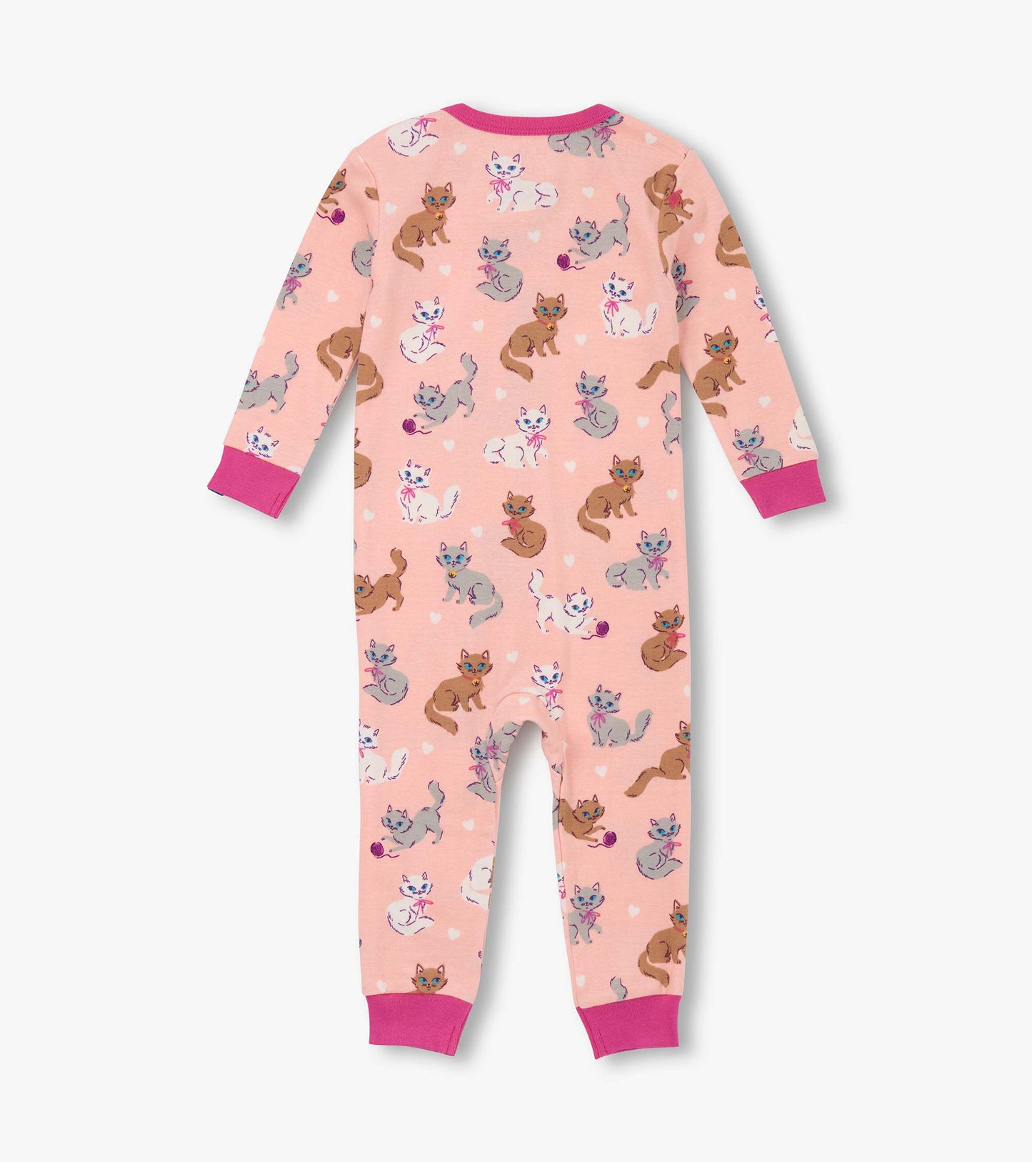Pink cotton sleeper featuring a playful kitty pattern and contrasting pink cuffs, suitable for baby girls.