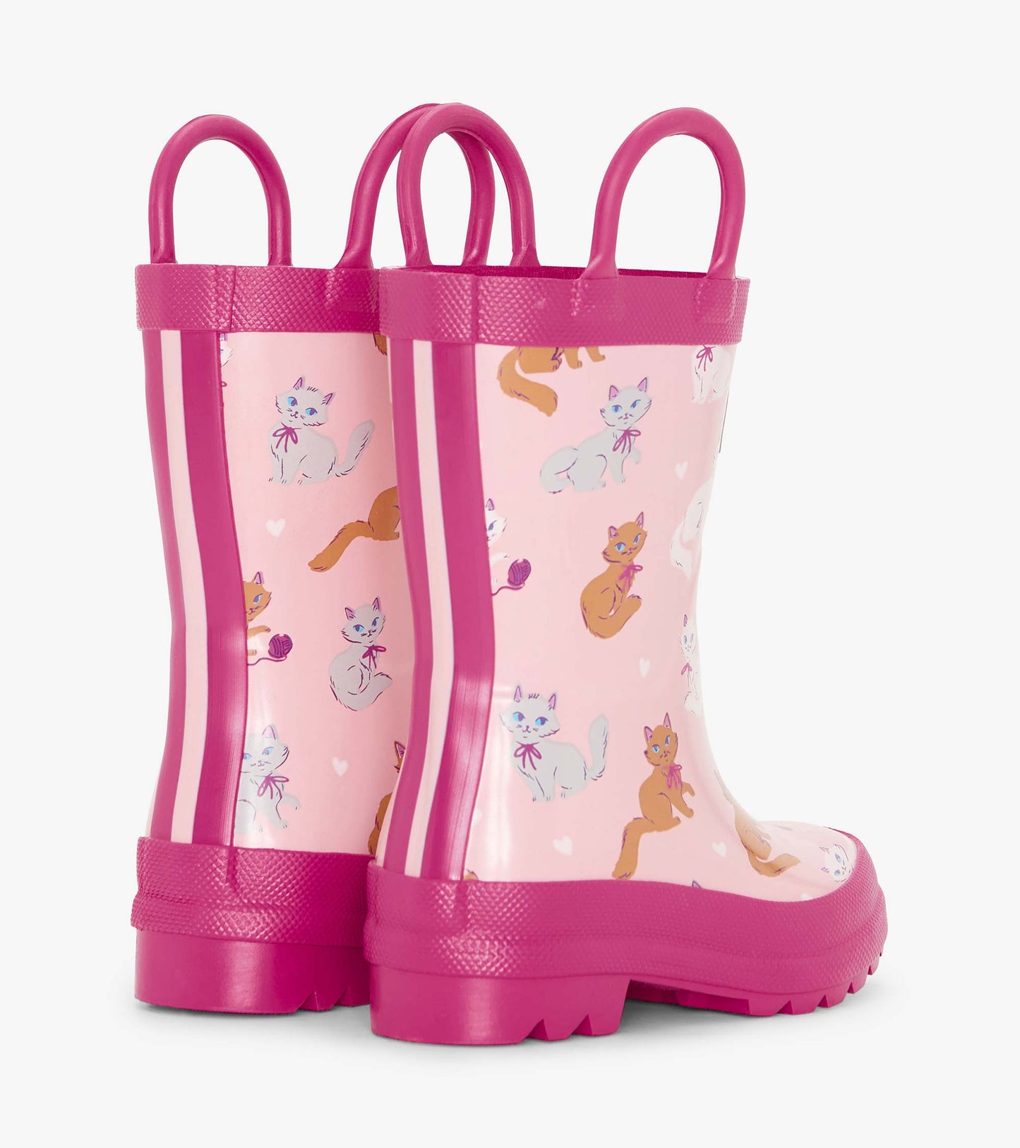 Pink waterproof toddler wellies featuring a playful kitty pattern and side handles for easy wear.
