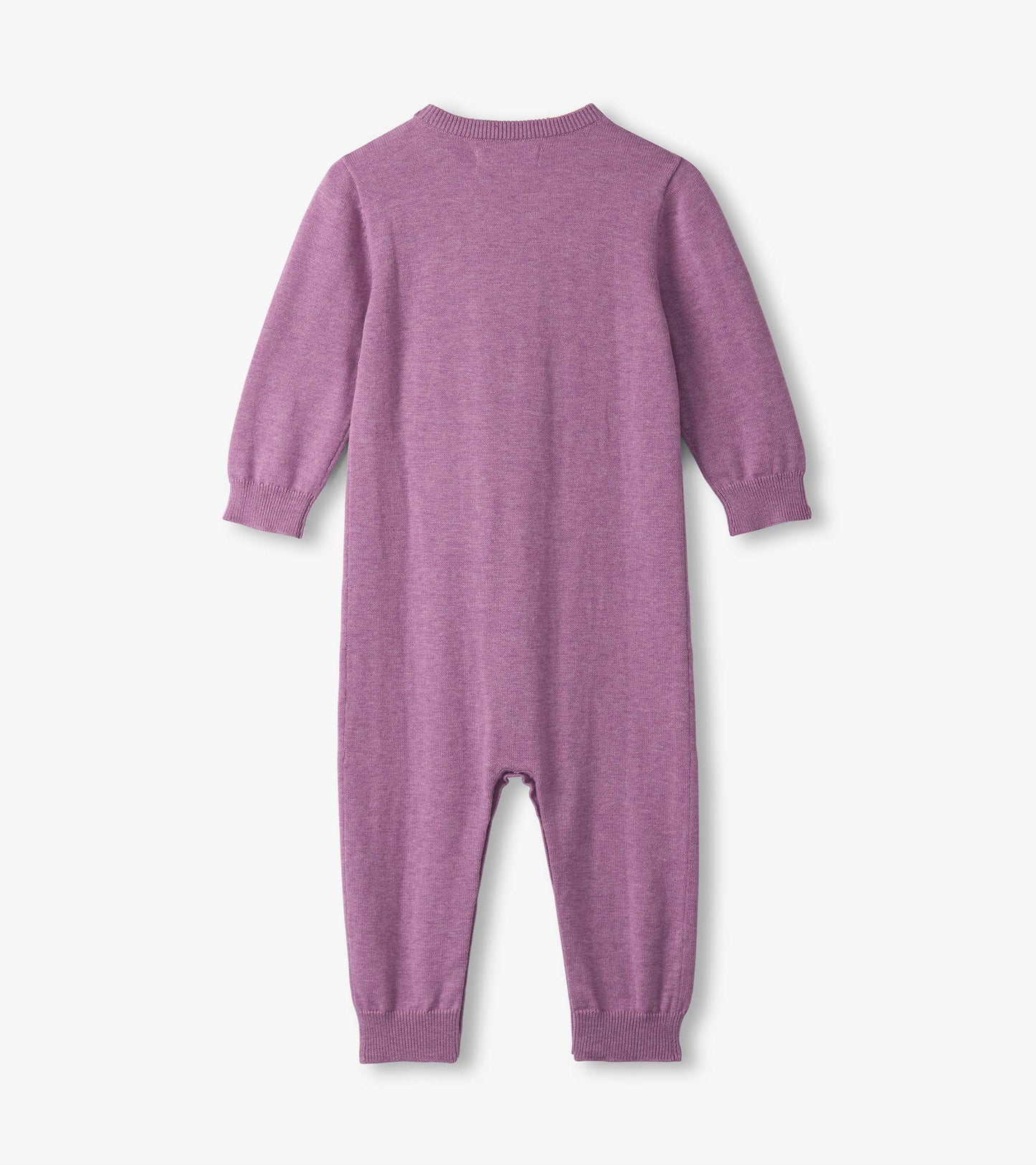 Purple long-sleeve sweater romper with ribbed cuffs and neckline, designed for baby girls.