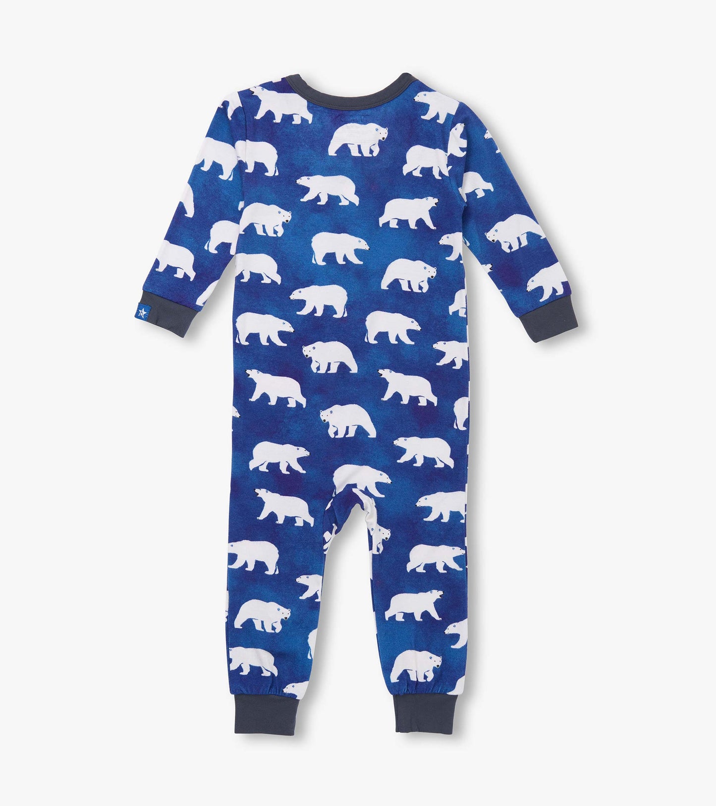 Blue bamboo sleeper featuring white polar bear patterns, long sleeves, and cuffed ankles for baby boys.