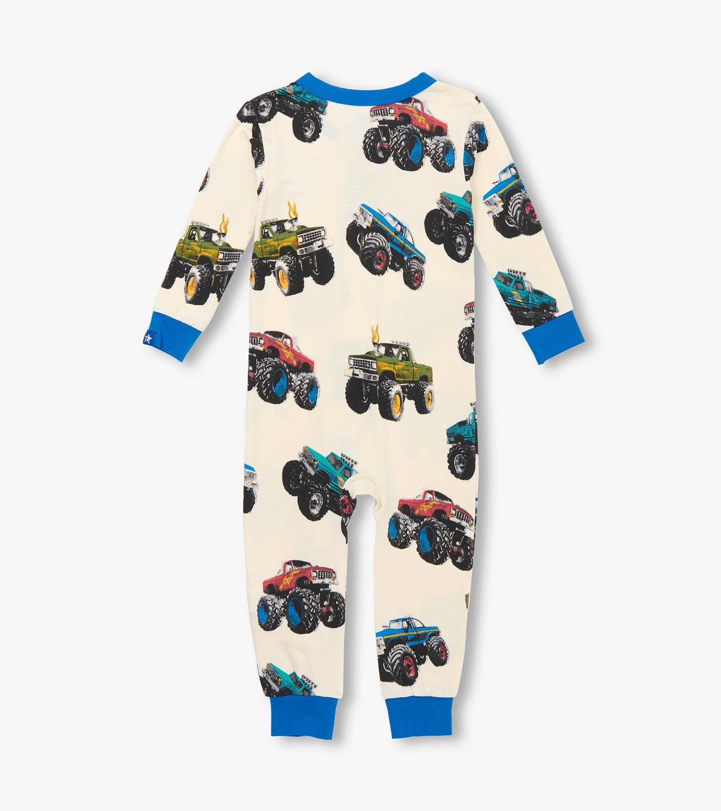 Bamboo sleeper for baby boys featuring colorful monster truck prints on a cream background with blue cuffs and neckline.