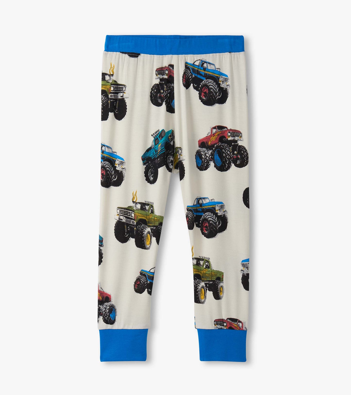 Bamboo pyjama set featuring colorful monster truck prints on a cream background with blue cuffs.
