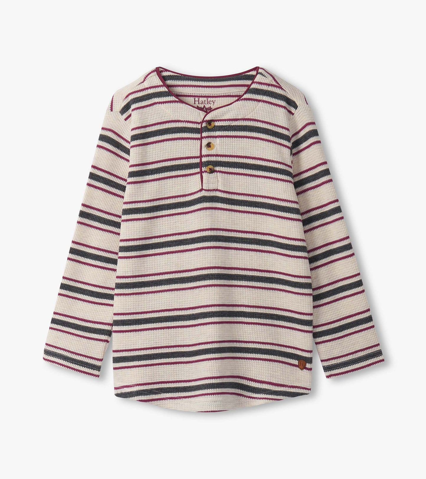 Oatmeal melange long-sleeve henley with multicolored stripes and three-button placket.