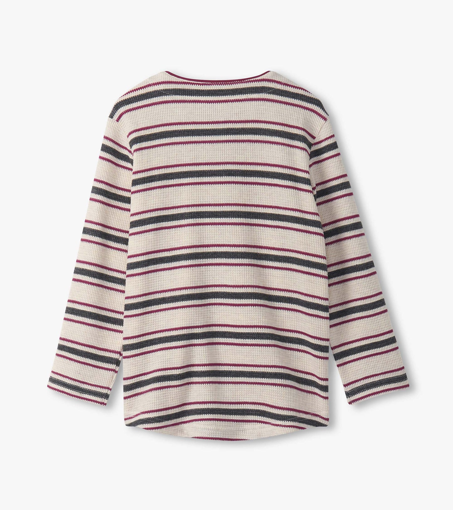 Oatmeal melange waffle henley featuring horizontal stripes in navy, burgundy, and cream, with long sleeves and a rounded hem.